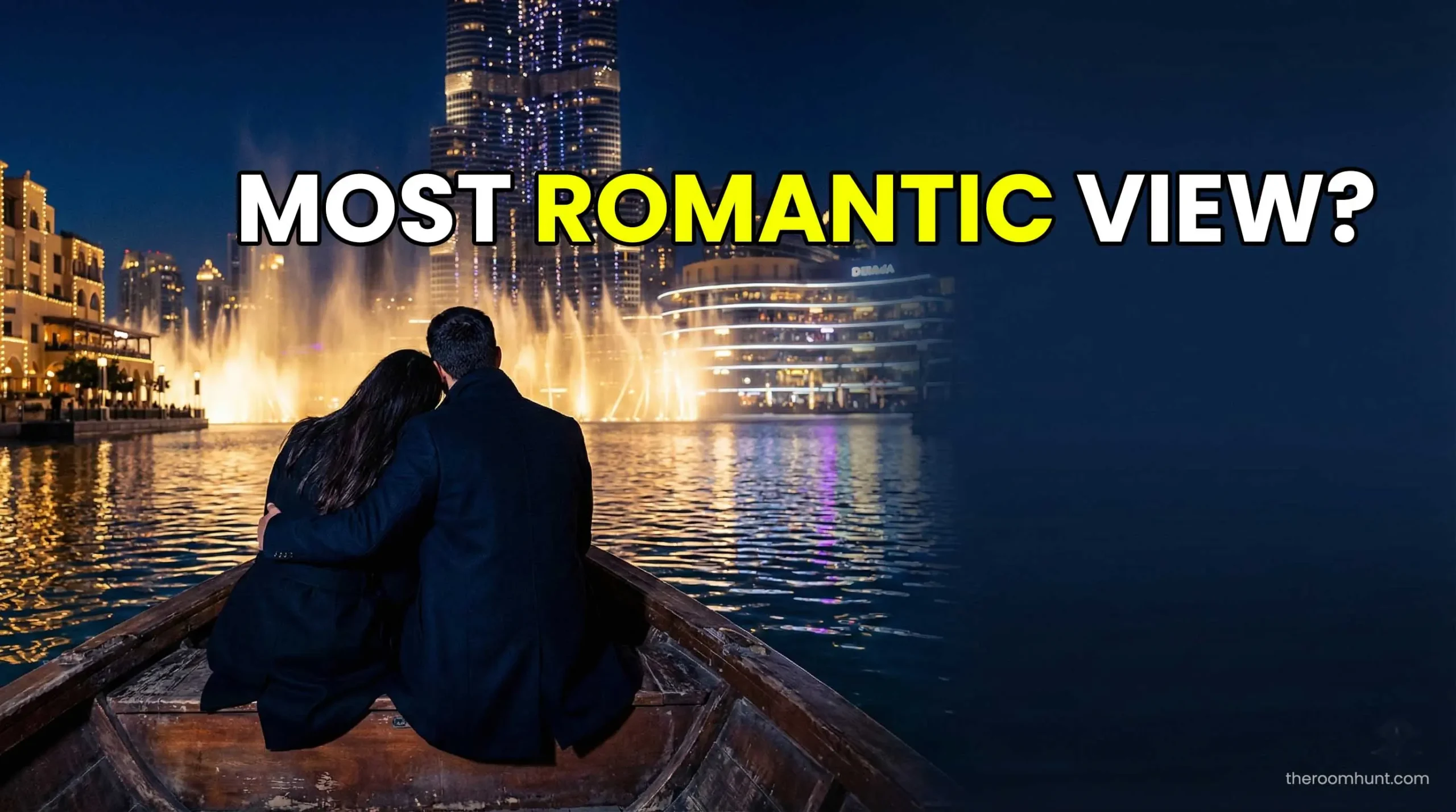 A couple sitting in a traditional wooden Abra boat on Burj Lake watching the Dubai Fountain show at night.