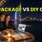 A thoughtful couple looking at a tablet showing Dubai travel options, with a luxury hotel view in the background.