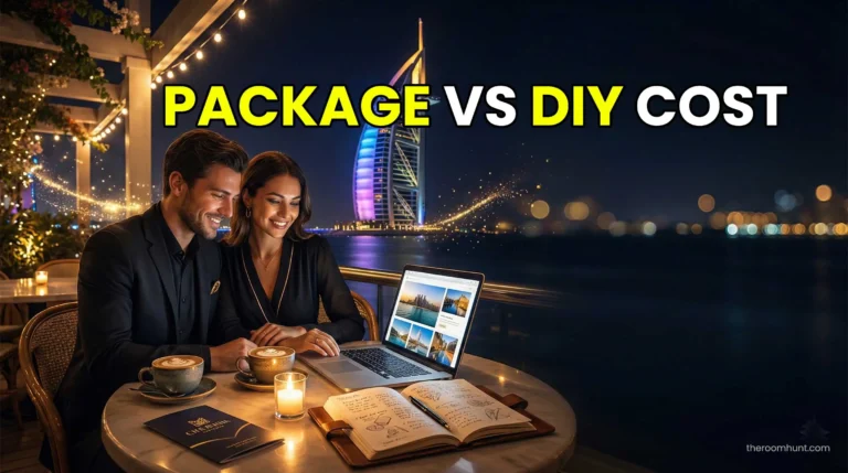 A thoughtful couple looking at a tablet showing Dubai travel options, with a luxury hotel view in the background.