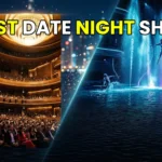 Split image showing the exterior of Dubai Opera at night and the water stage of La Perle show.