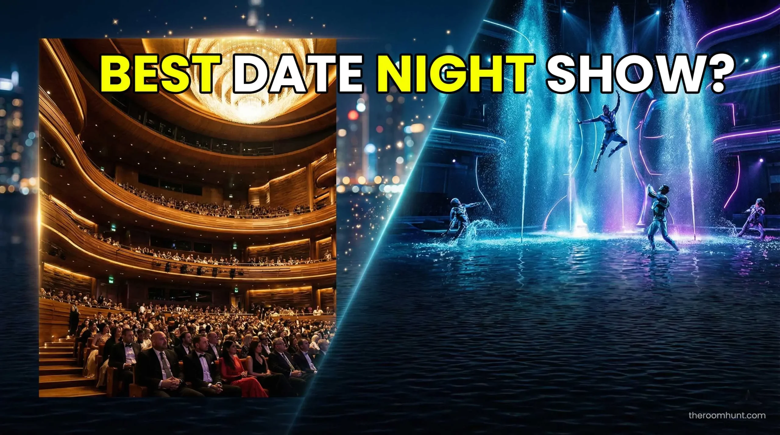 Split image showing the exterior of Dubai Opera at night and the water stage of La Perle show.