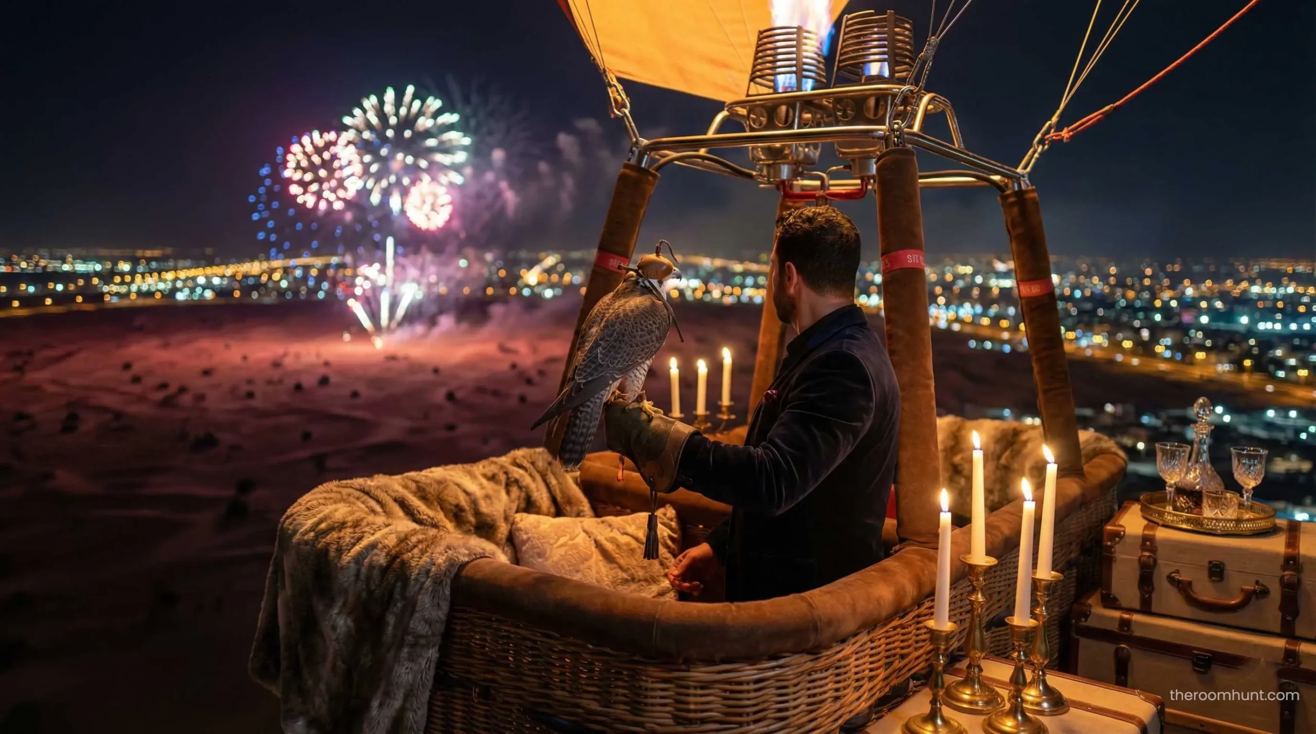 Falconry show inside a hot air balloon over the Dubai desert conservation reserve.