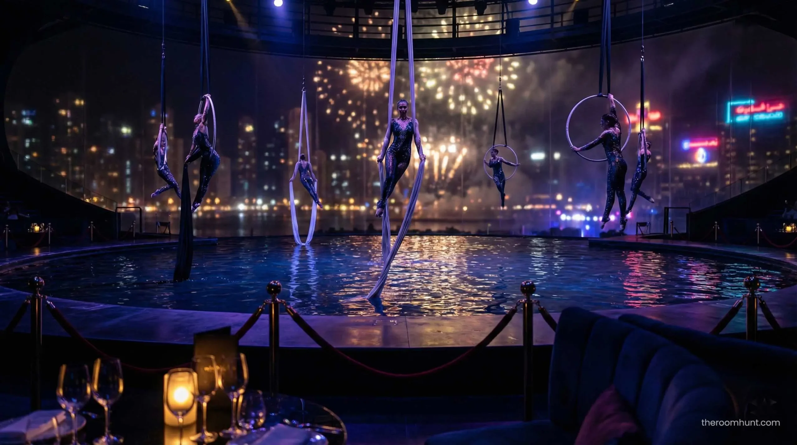 La Perle by Dragone aquatic stage performance with aerial acrobatics in Dubai.