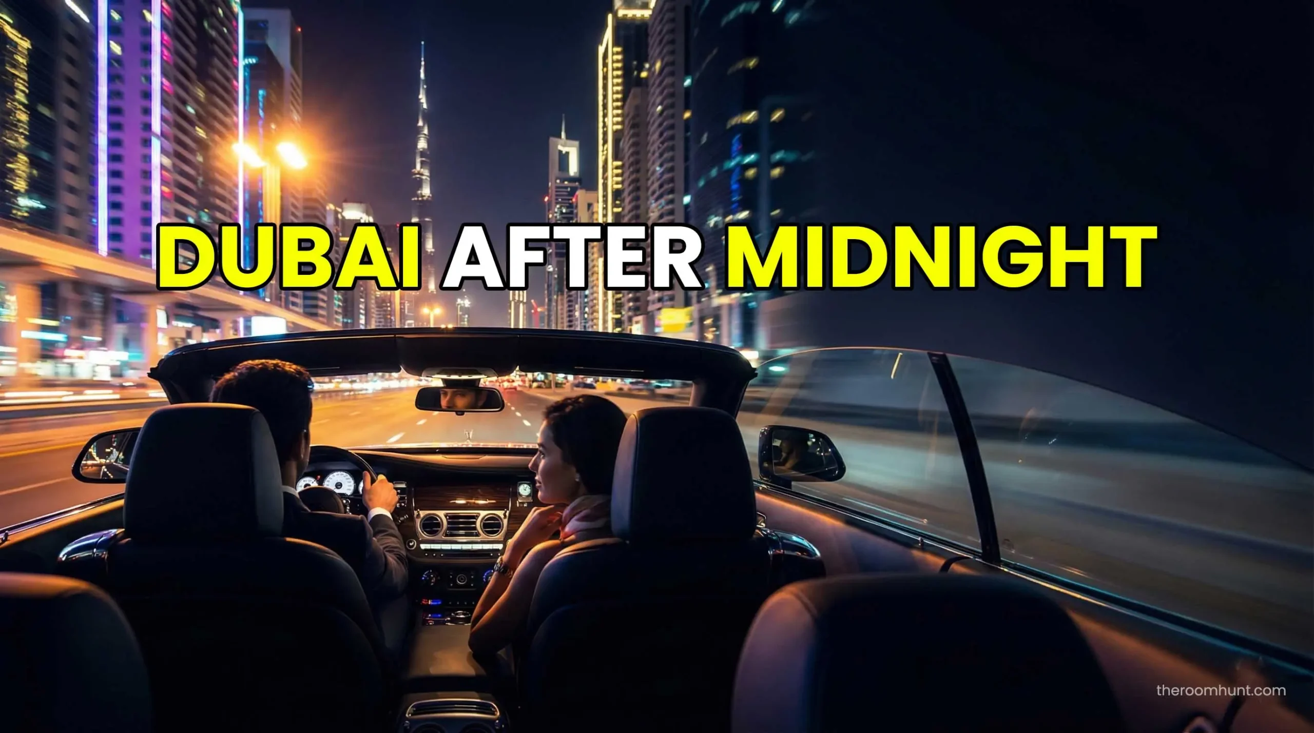 A couple driving a convertible luxury car through the illuminated Sheikh Zayed Road tunnel at night in Dubai.