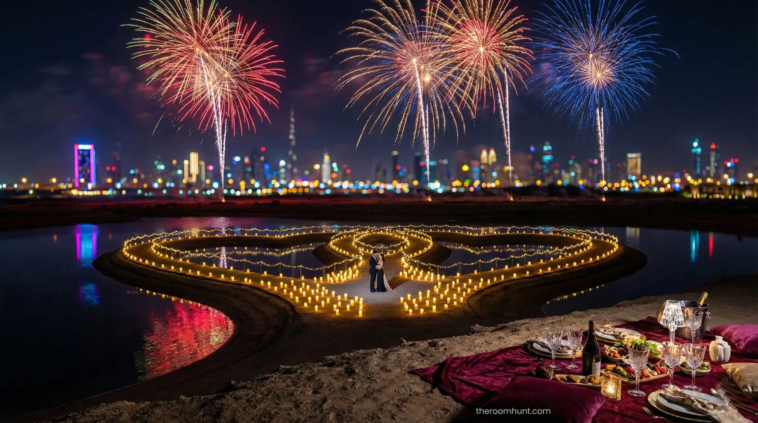 Aerial view of Love Lakes Al Qudra Dubai, a popular romantic proposal spot.