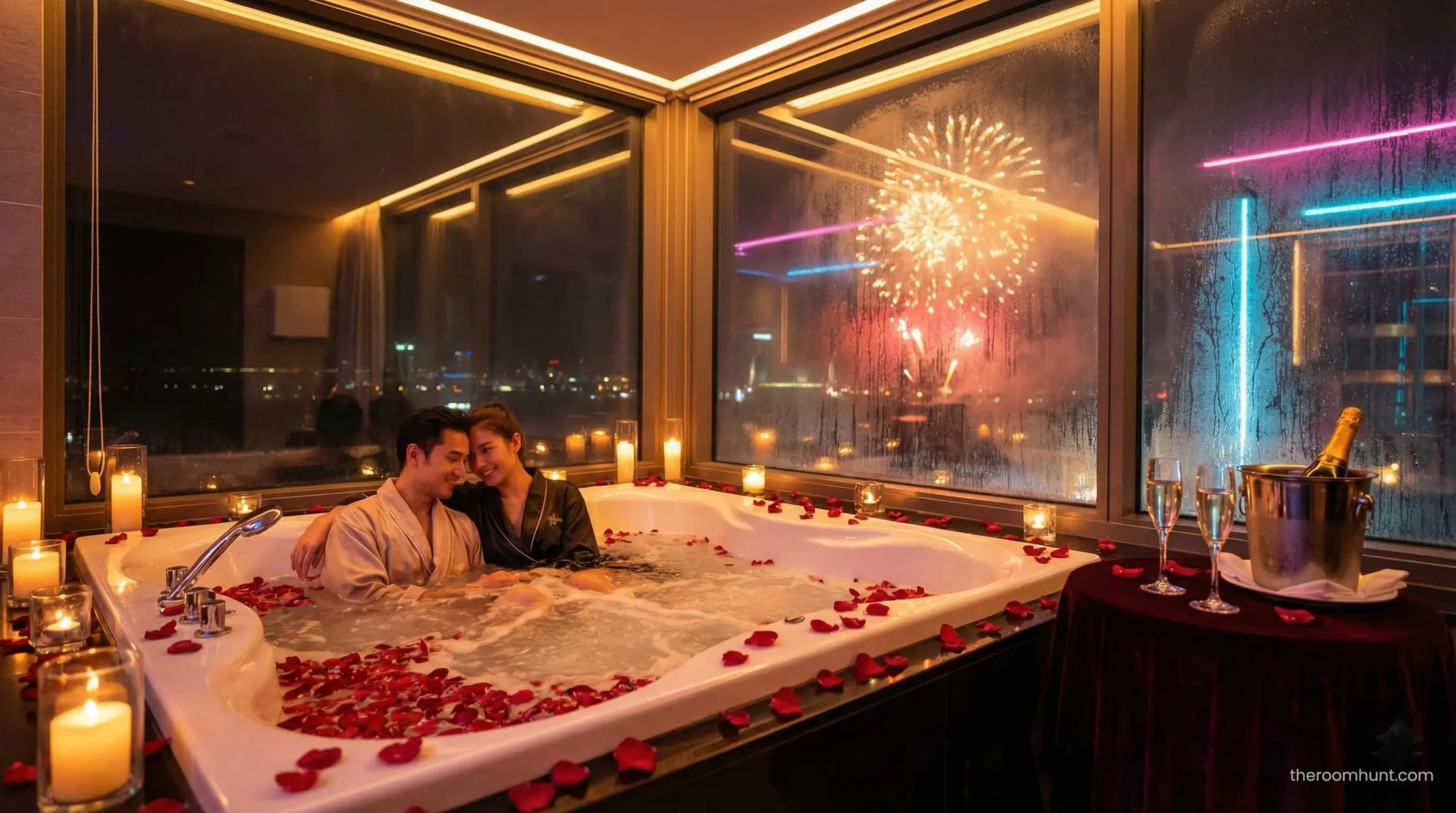 Romantic couple spa suite in Dubai with rose petal jacuzzi and candlelight setting.