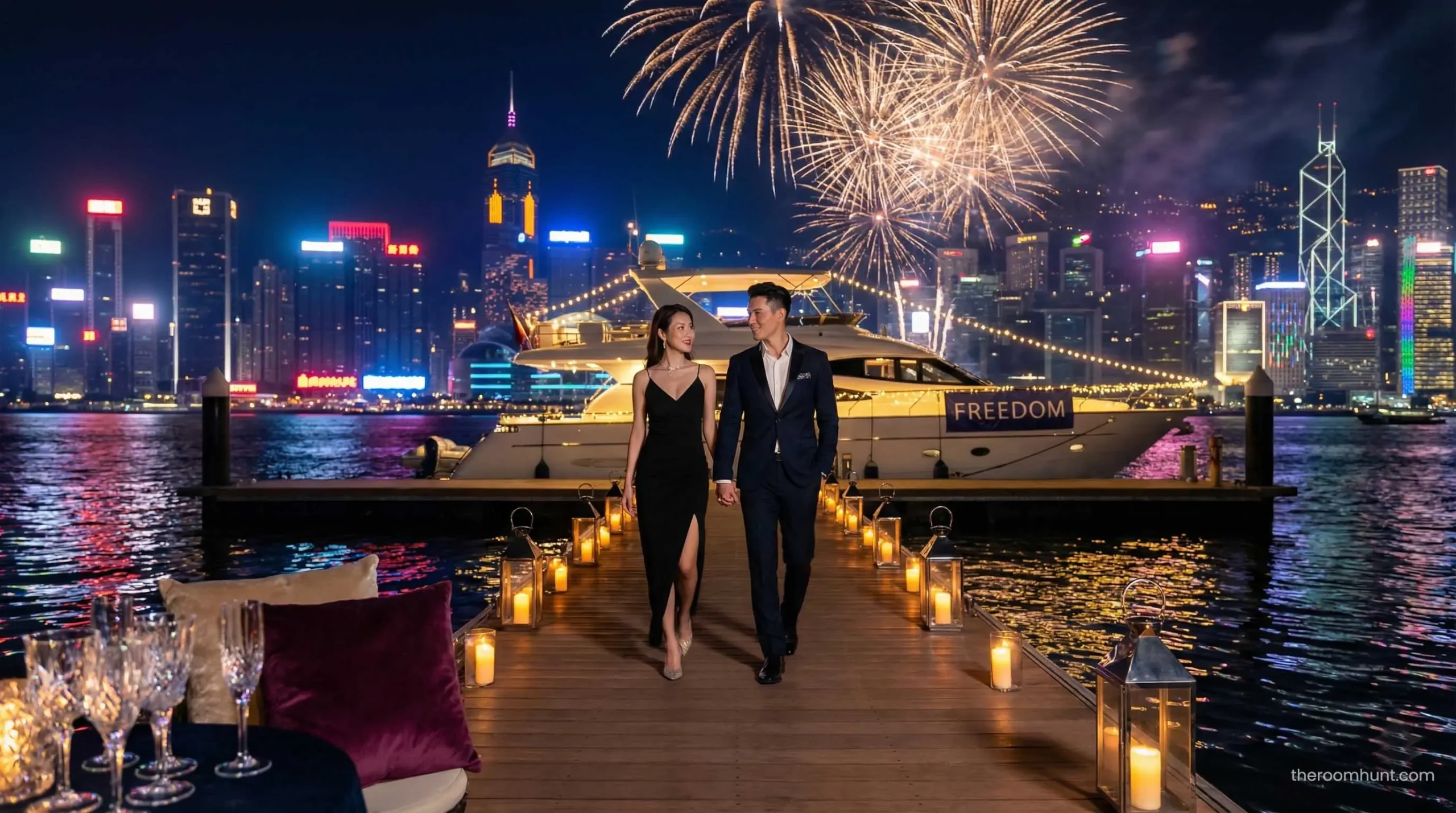 Couple walking towards a private yacht charter on a DIY Dubai honeymoon.