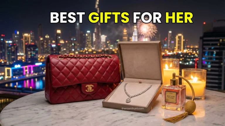 A luxurious display of Valentine's Day gifts including a red Chanel bag, diamond jewelry, and roses with the Dubai skyline in the background.