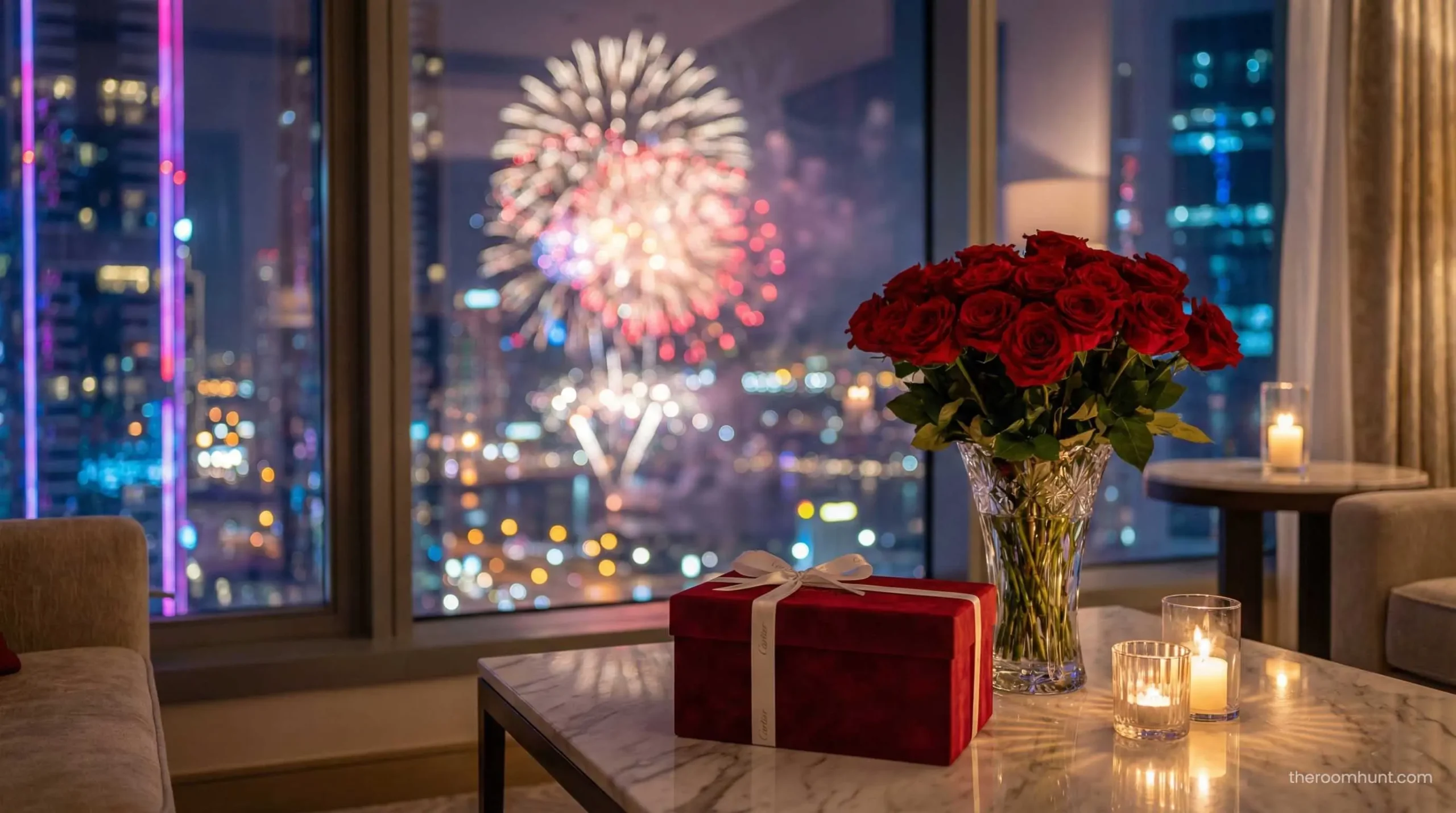 Luxury Valentine's Day gift box and red roses in a Dubai hotel suite.