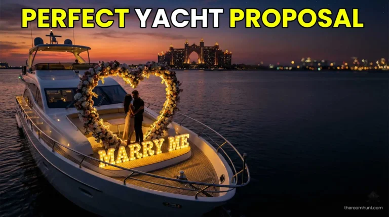 A romantic sunset proposal setup on a luxury yacht in Dubai with Marry Me letters and the Atlantis hotel in the background.