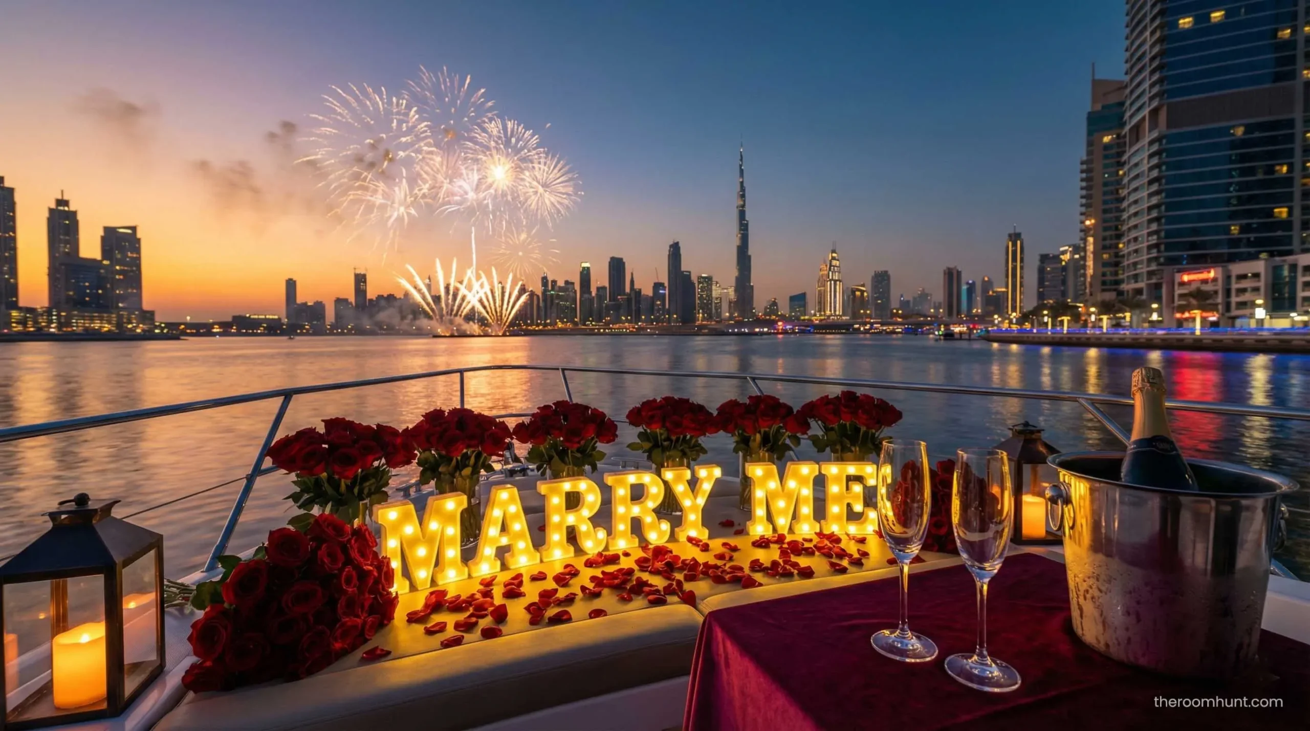 Luxury yacht proposal setup with Marry Me sign and roses in Dubai Marina at sunset.