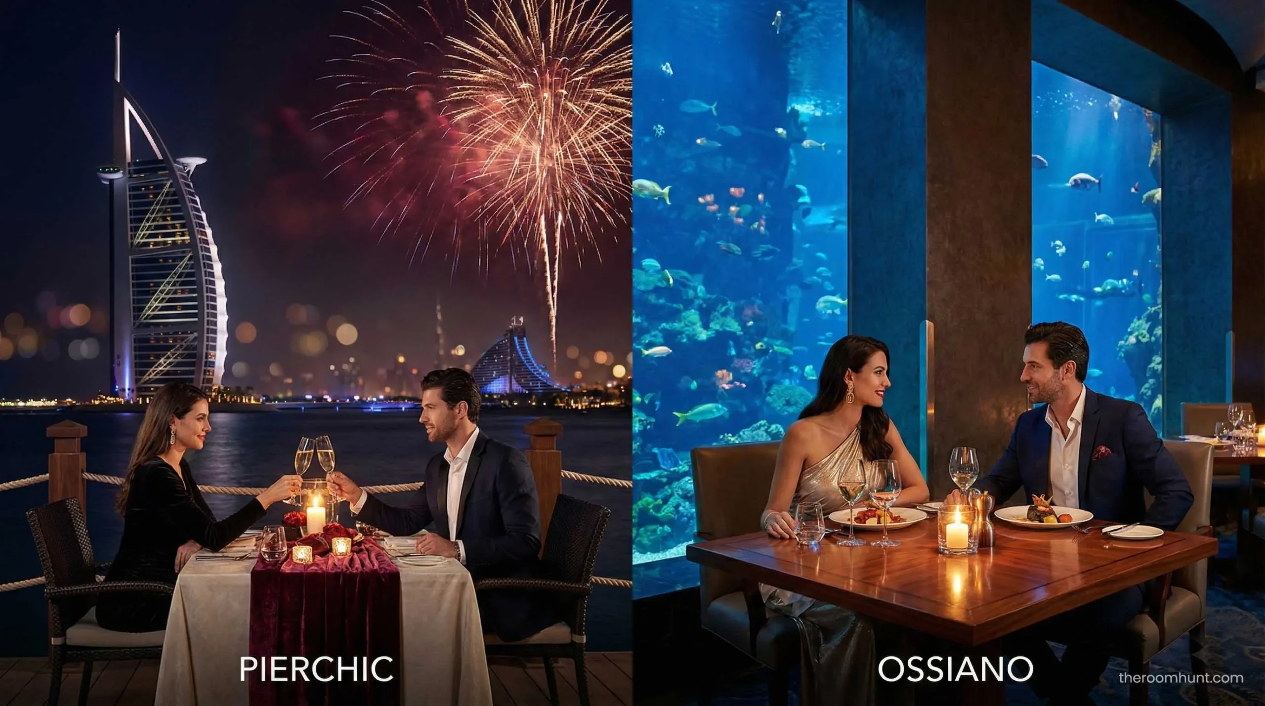 Comparison of romantic dining at Pierchic versus Ossiano in Dubai for honeymoon couples.