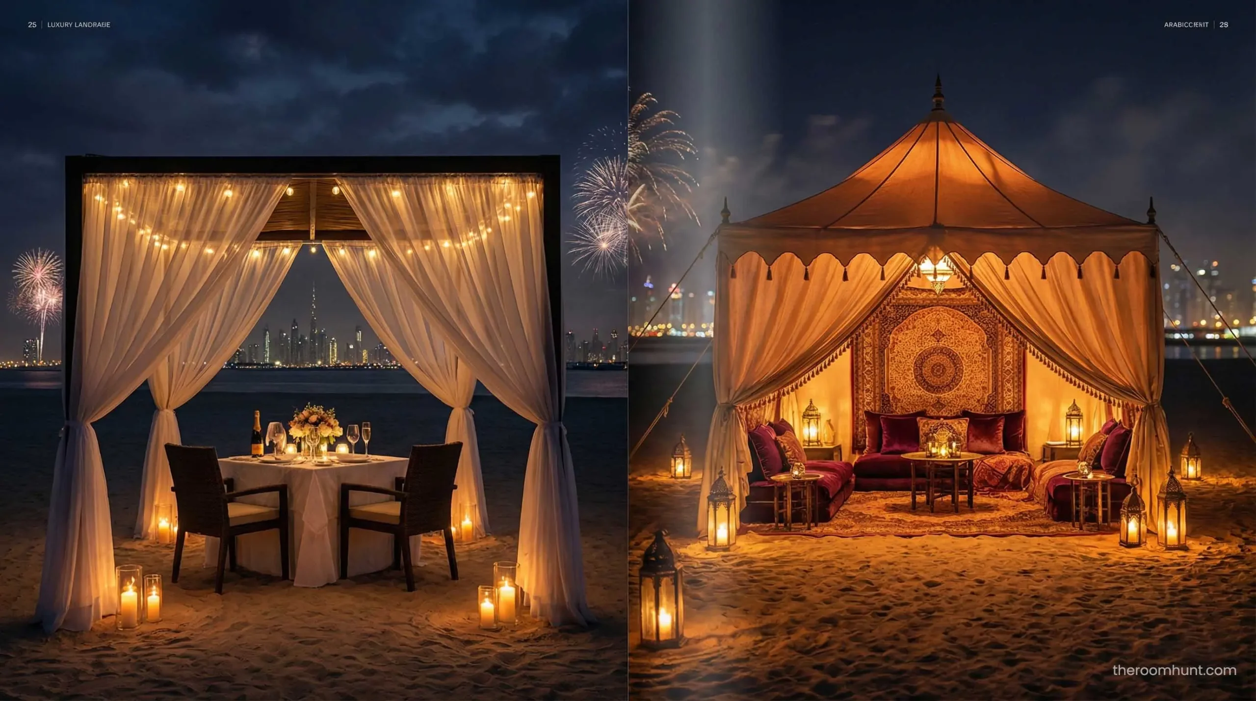 Comparison of private beach cabana versus luxury tent dinner setup in Dubai for romantic couples.
