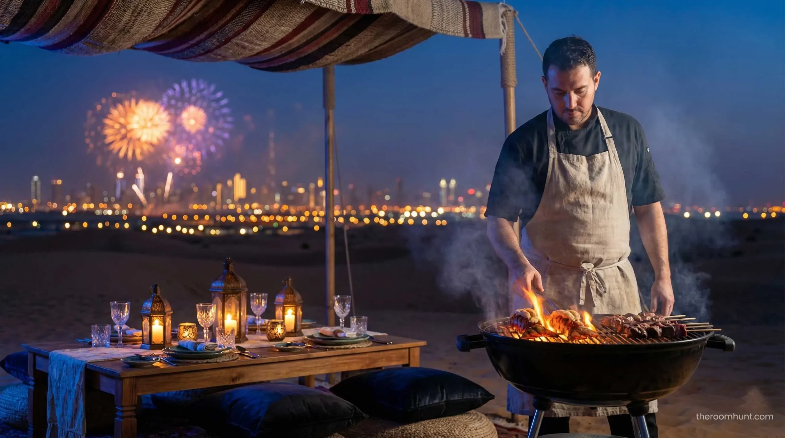 Private chef cooking for a romantic couple during a bespoke desert dinner in Dubai.