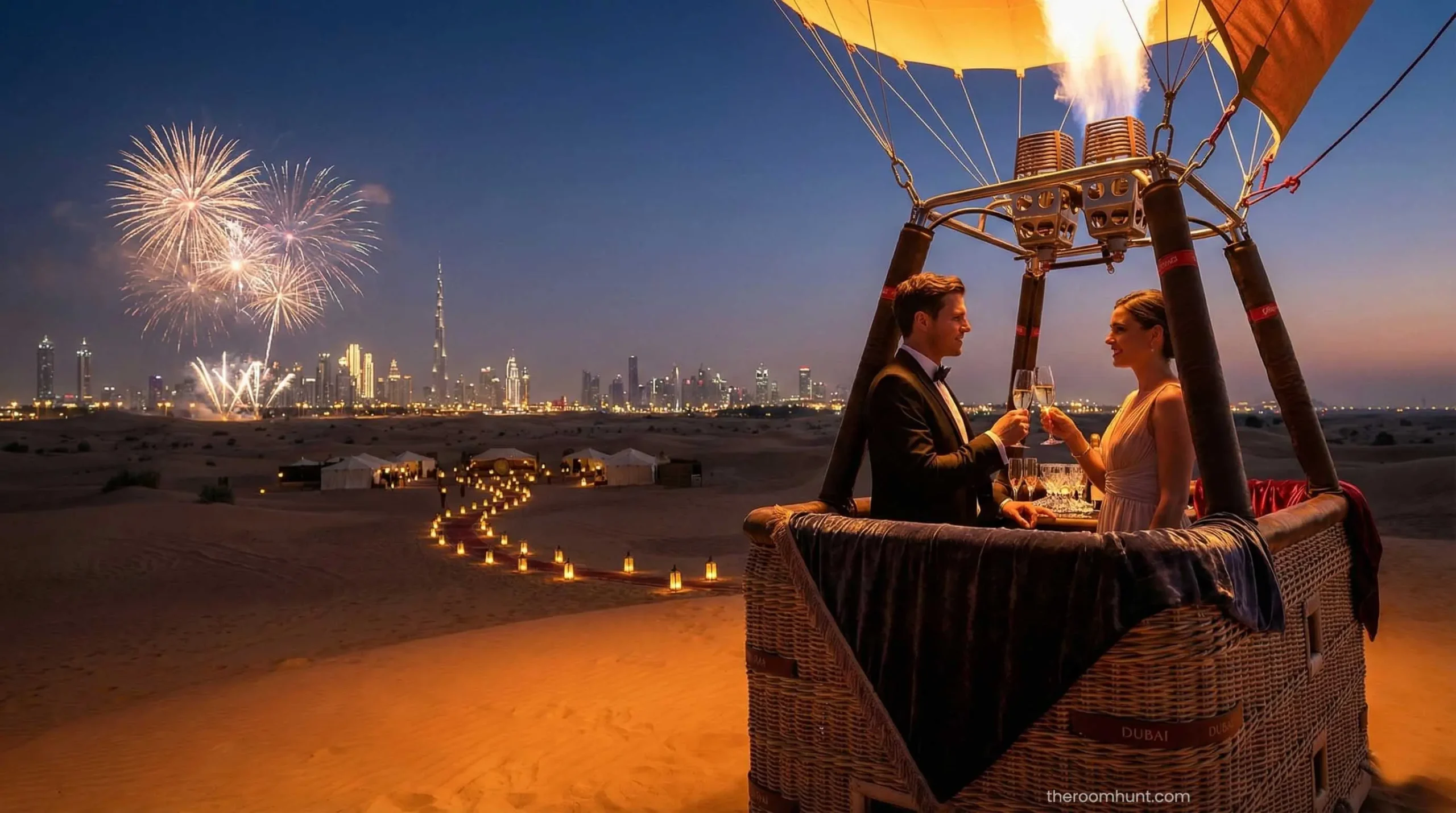 Romantic private hot air balloon ride for a couple over the Dubai desert at sunrise.