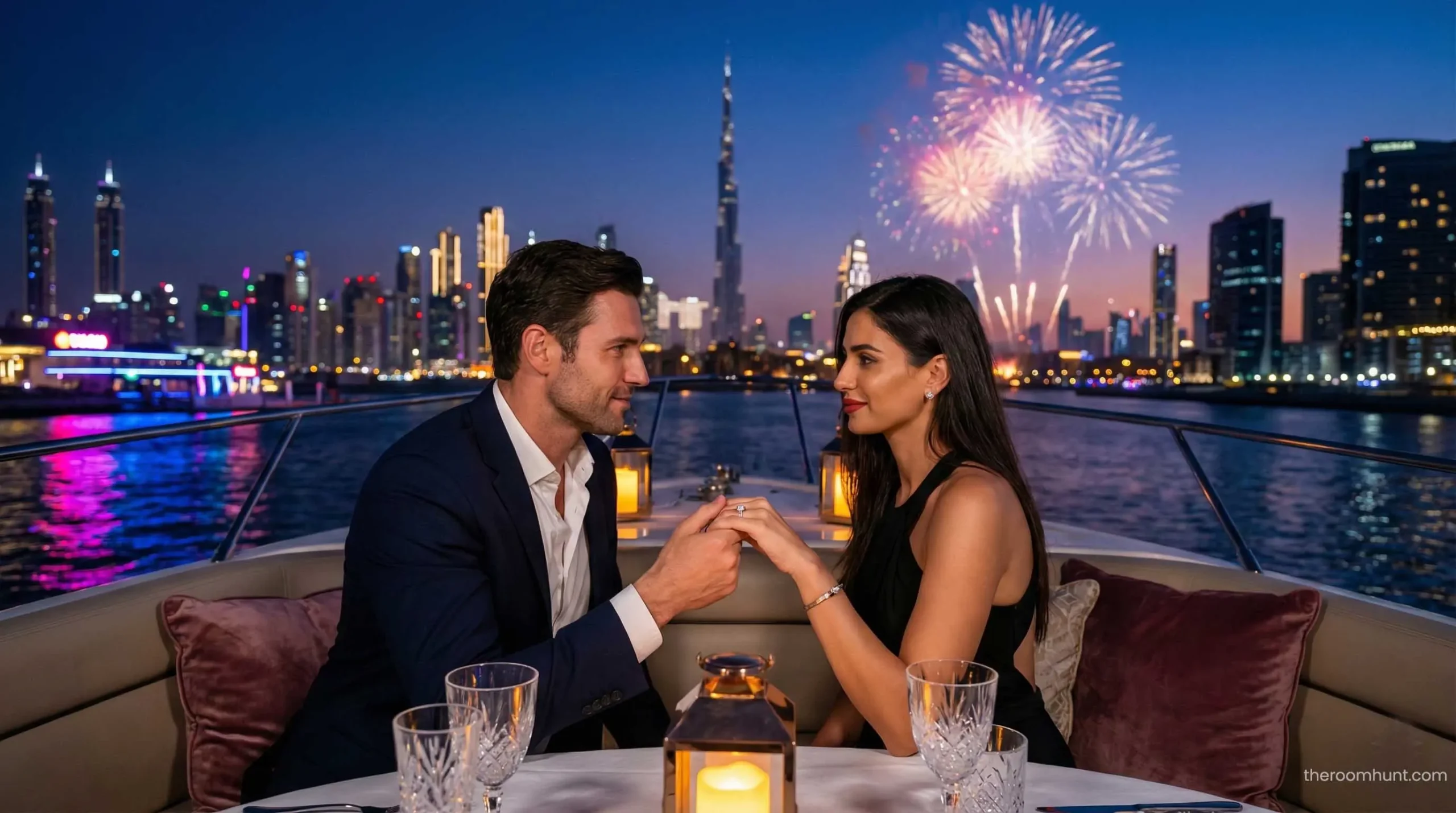 Private yacht proposal in Dubai Marina at sunset with skyline view.