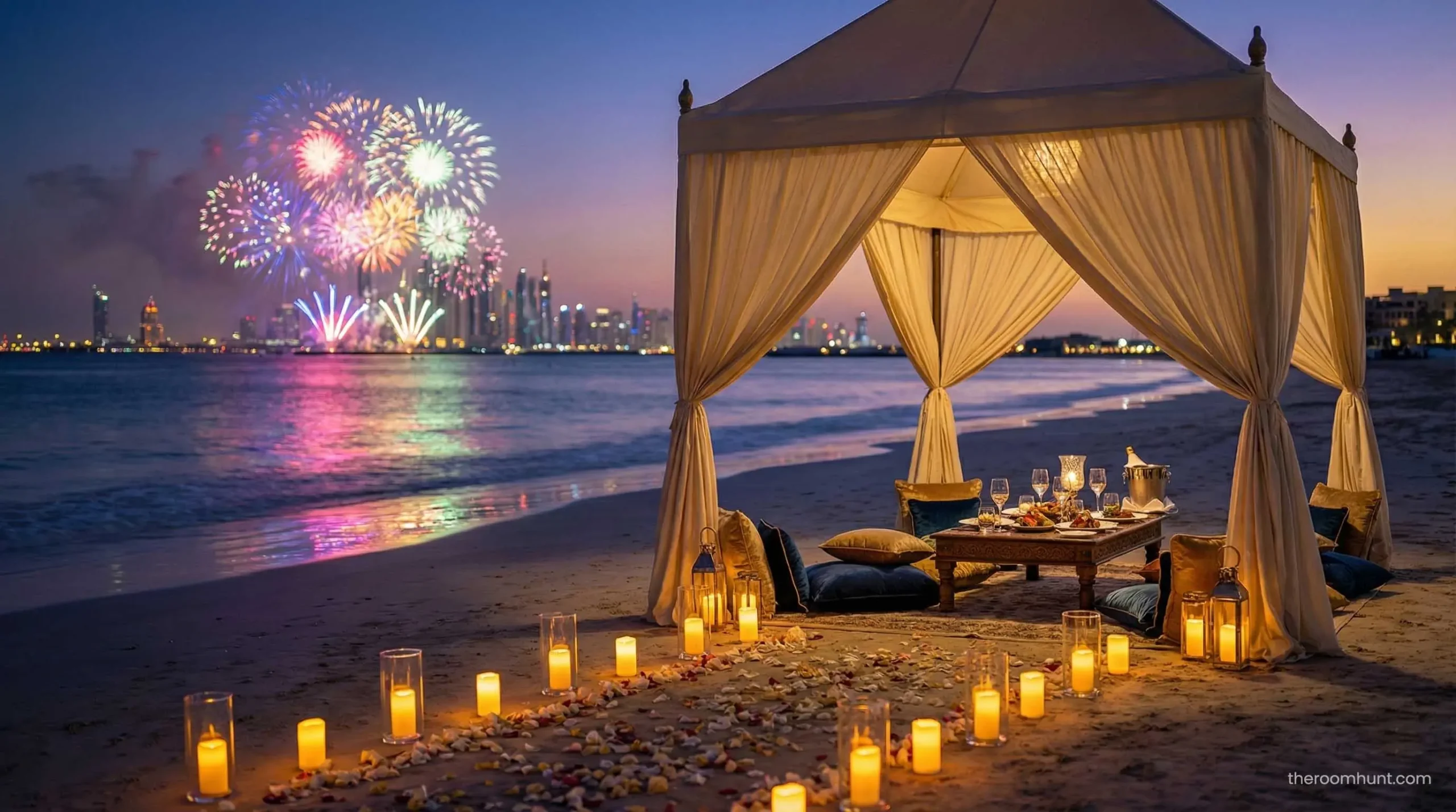 Candlelit pathway leading to a private luxury beach dinner tent in Dubai at sunset.
