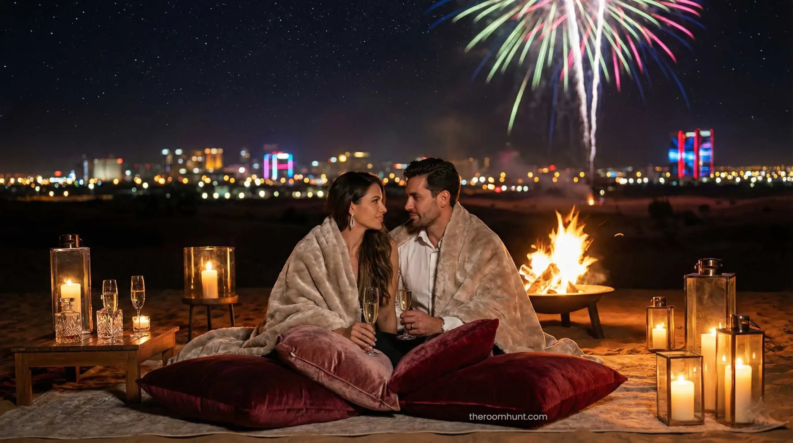 Couple enjoying a private bonfire and stargazing session in the Dubai desert after dinner.