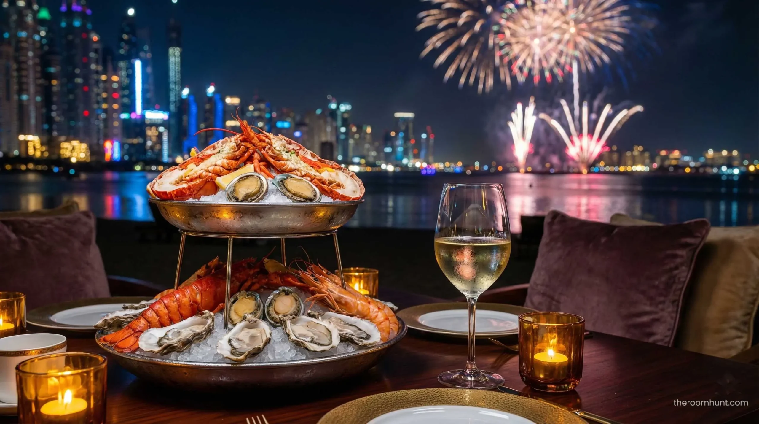 Gourmet seafood platter served at a romantic private beach dinner in Dubai.