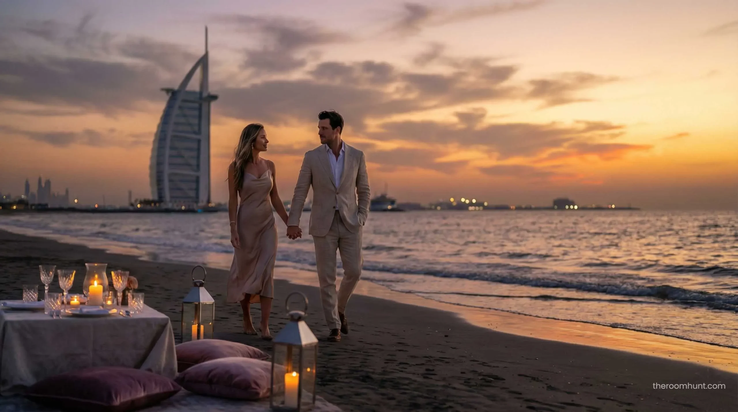 Couple walking on Secret Beach Dubai at sunset with Burj Al Arab view.