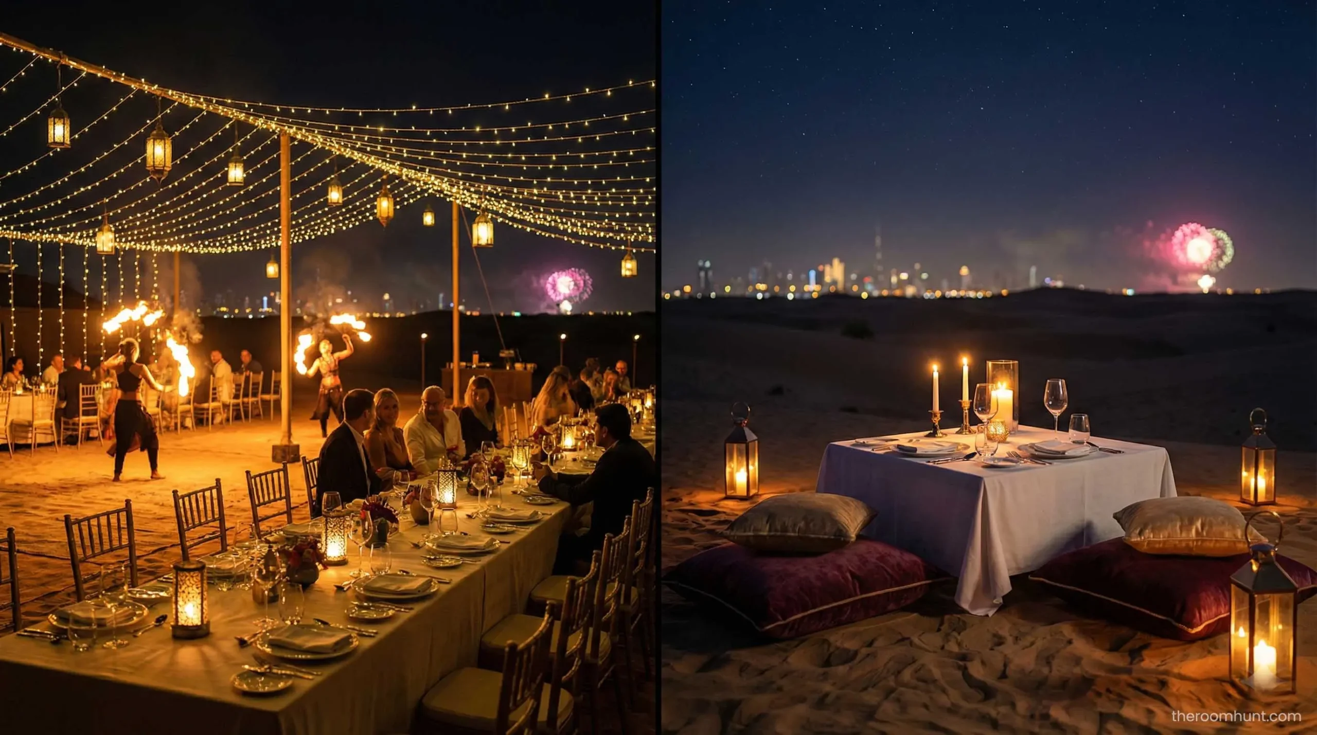 Comparison of Sonara Camp luxury dining versus a private romantic desert dinner setup in Dubai.