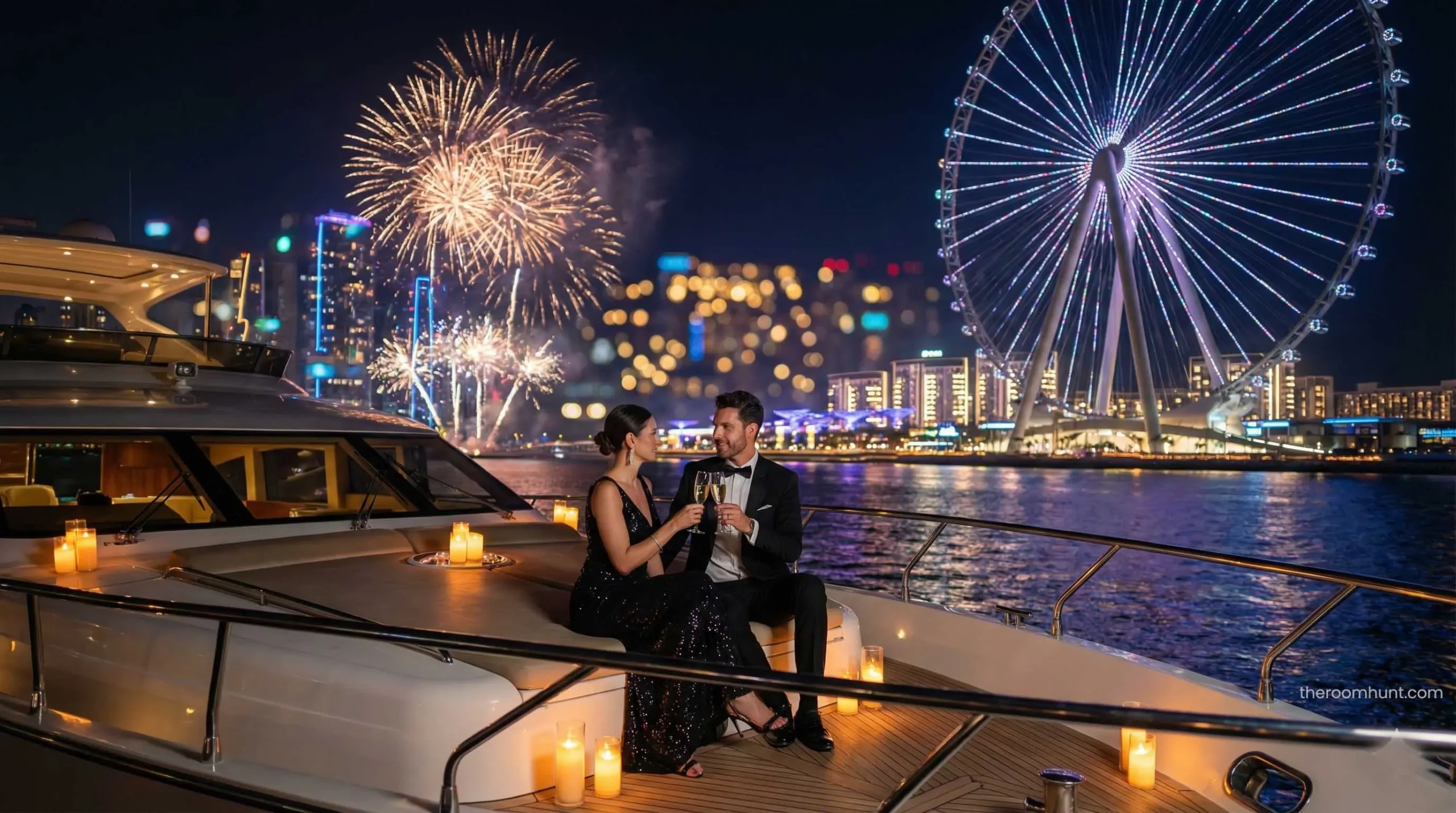 Couple celebrating engagement on a yacht with Ain Dubai view at night.