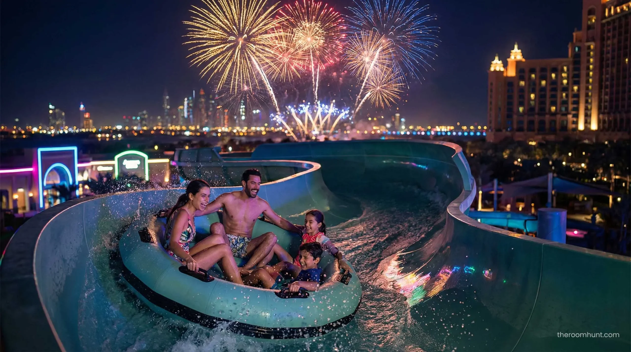 Family enjoying a thrilling ride on the Aquaconda slide at Atlantis Aquaventure Dubai.