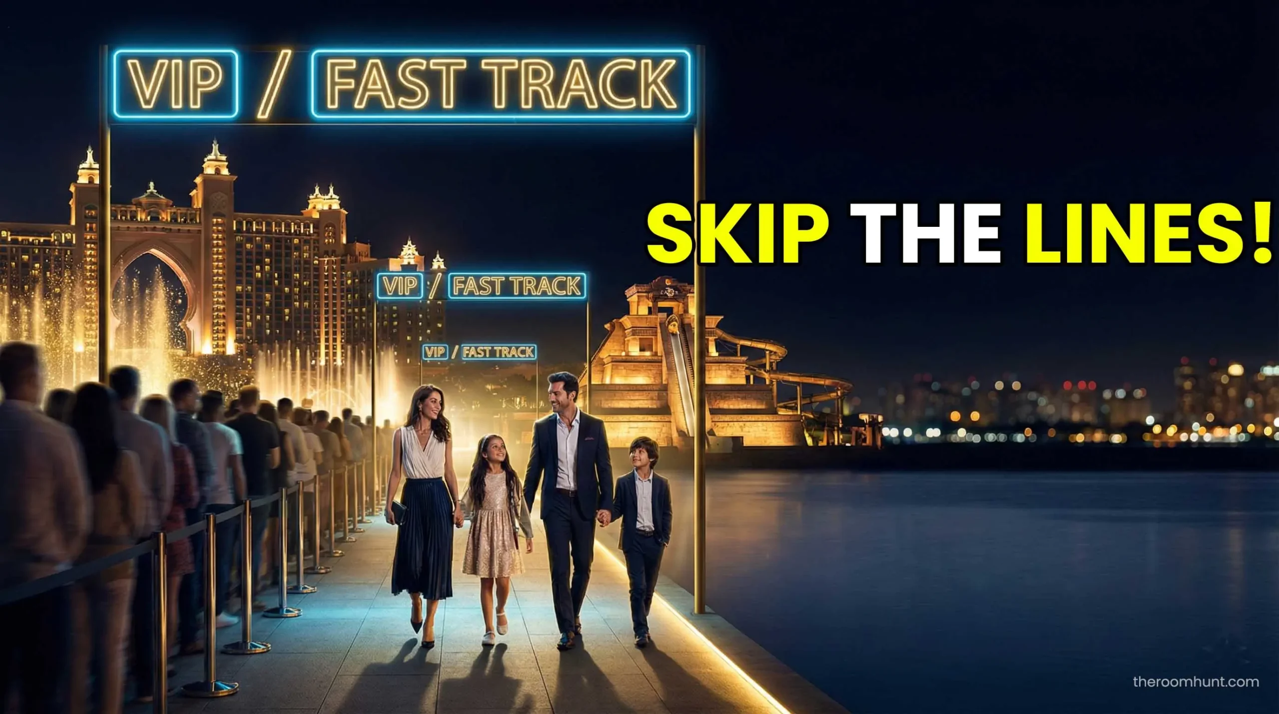 A family walking past the 'Leap of Faith' slide at Atlantis Aquaventure using the VIP fast track lane.