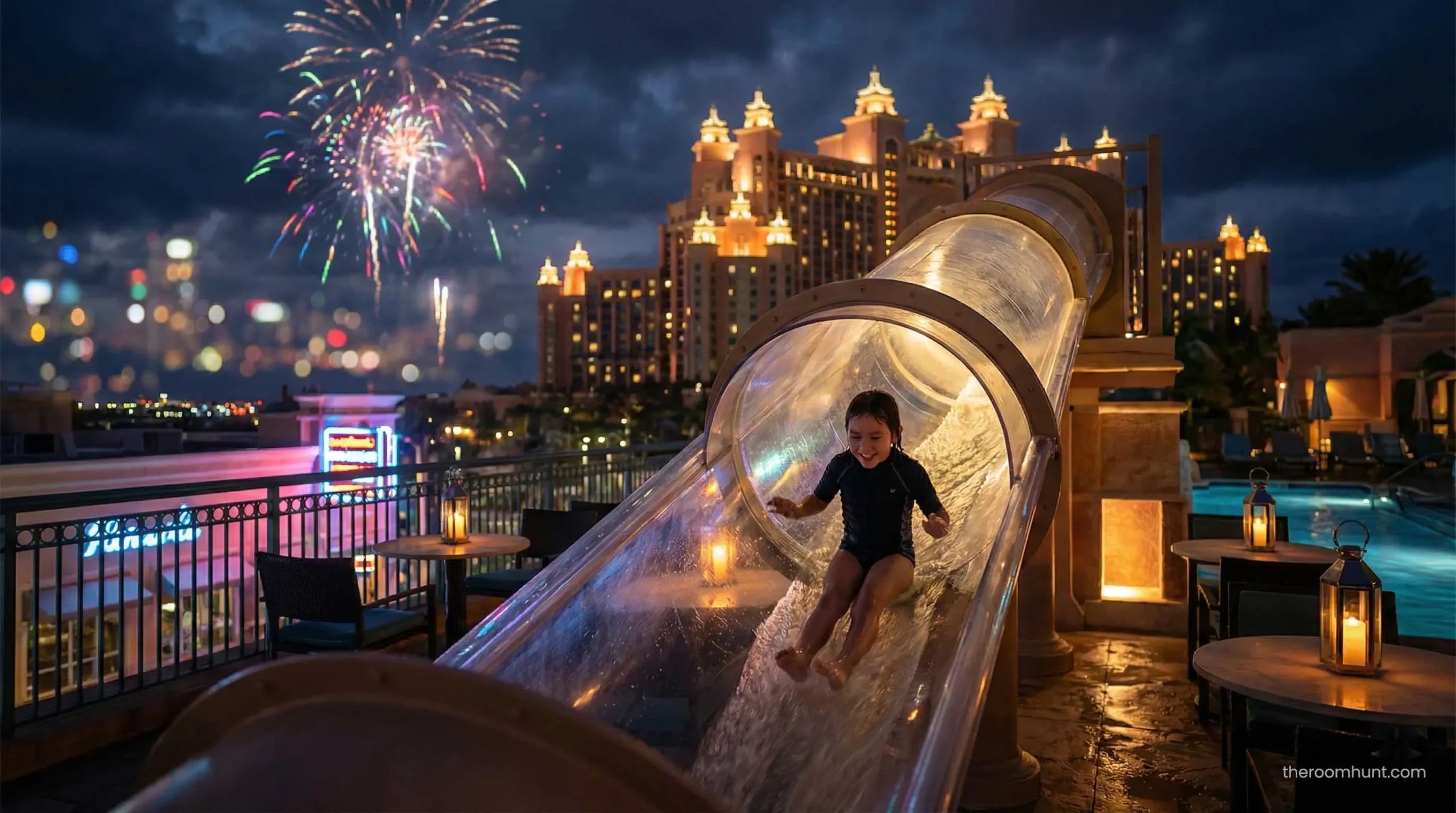 Child sliding down the Leap of Faith water slide at Atlantis The Palm Dubai.