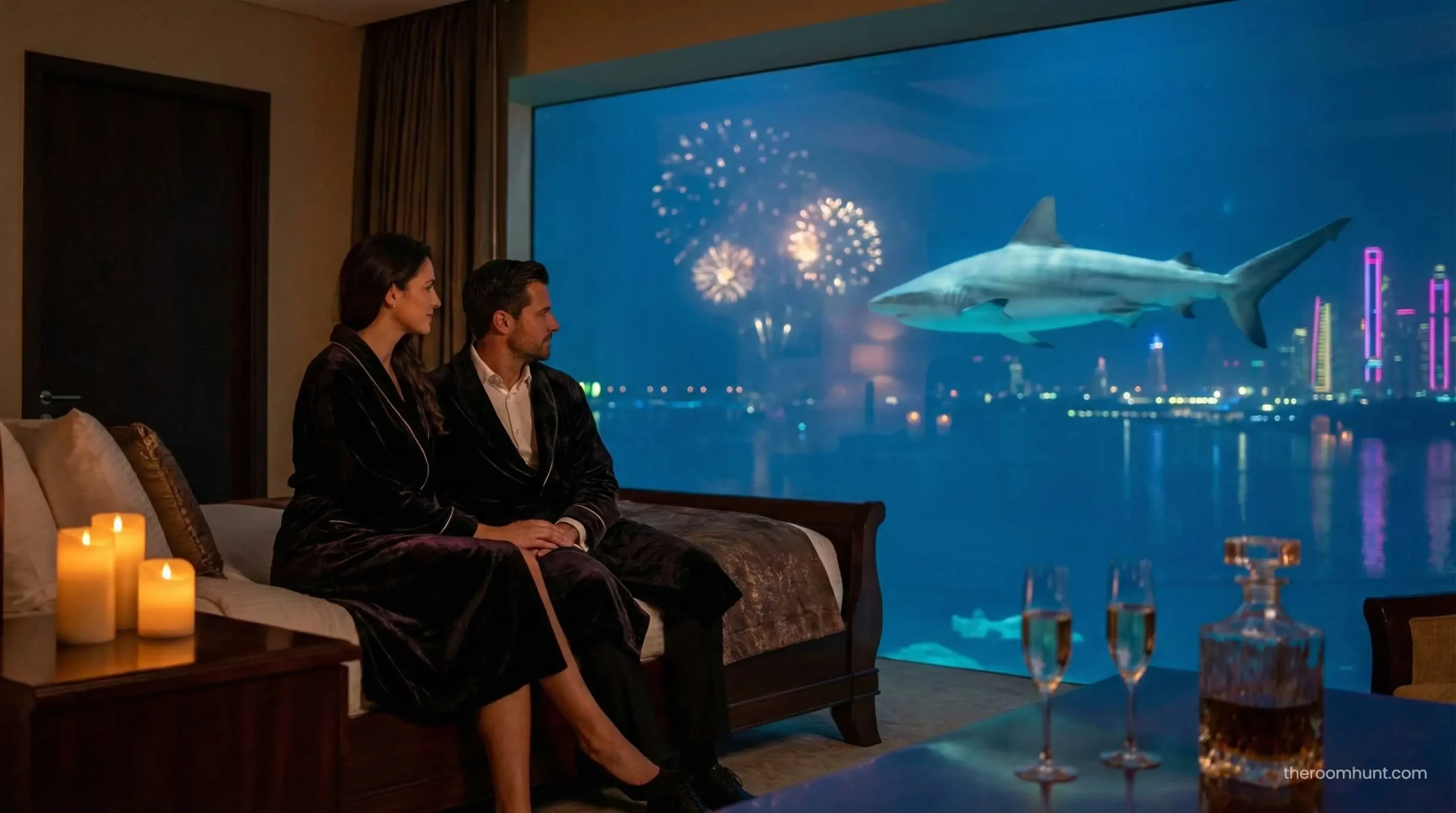 Couple watching sharks from the bed inside the Underwater Suite at Atlantis The Palm Dubai.