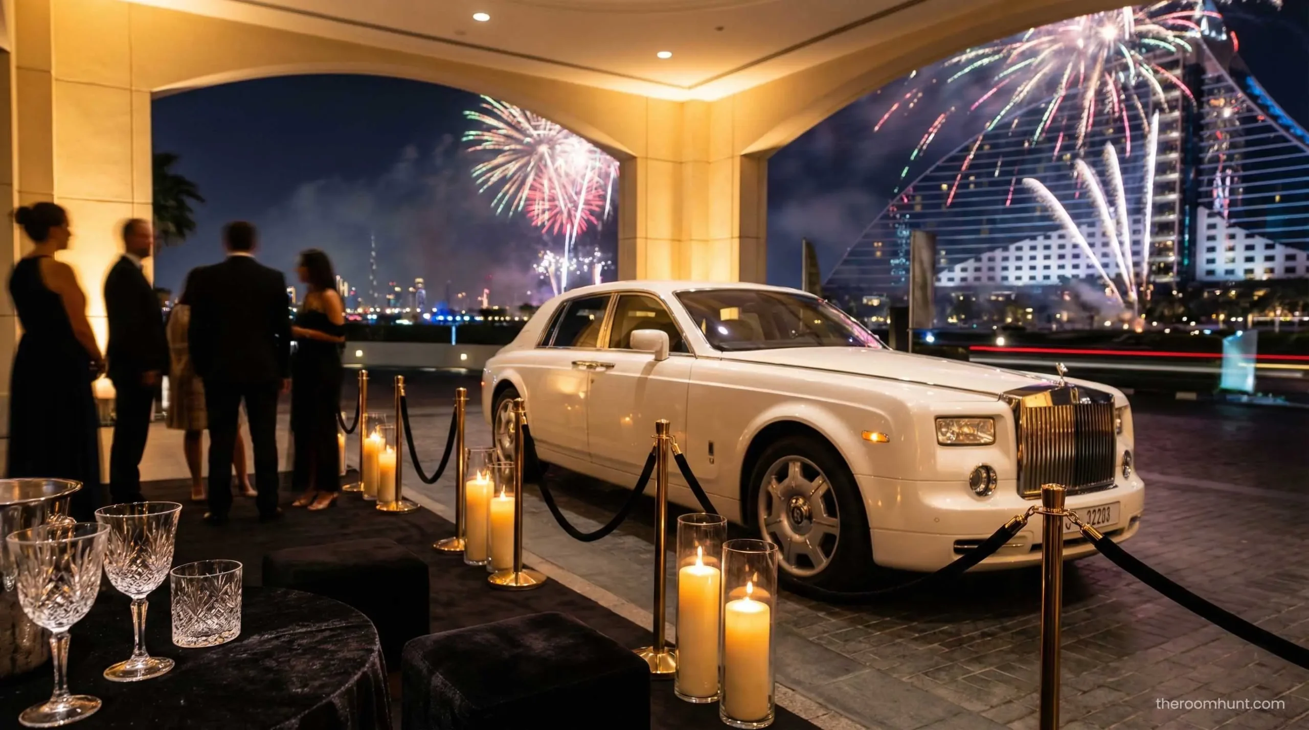 Bespoke white Rolls-Royce Phantom chauffeur car waiting at the Burj Al Arab hotel.