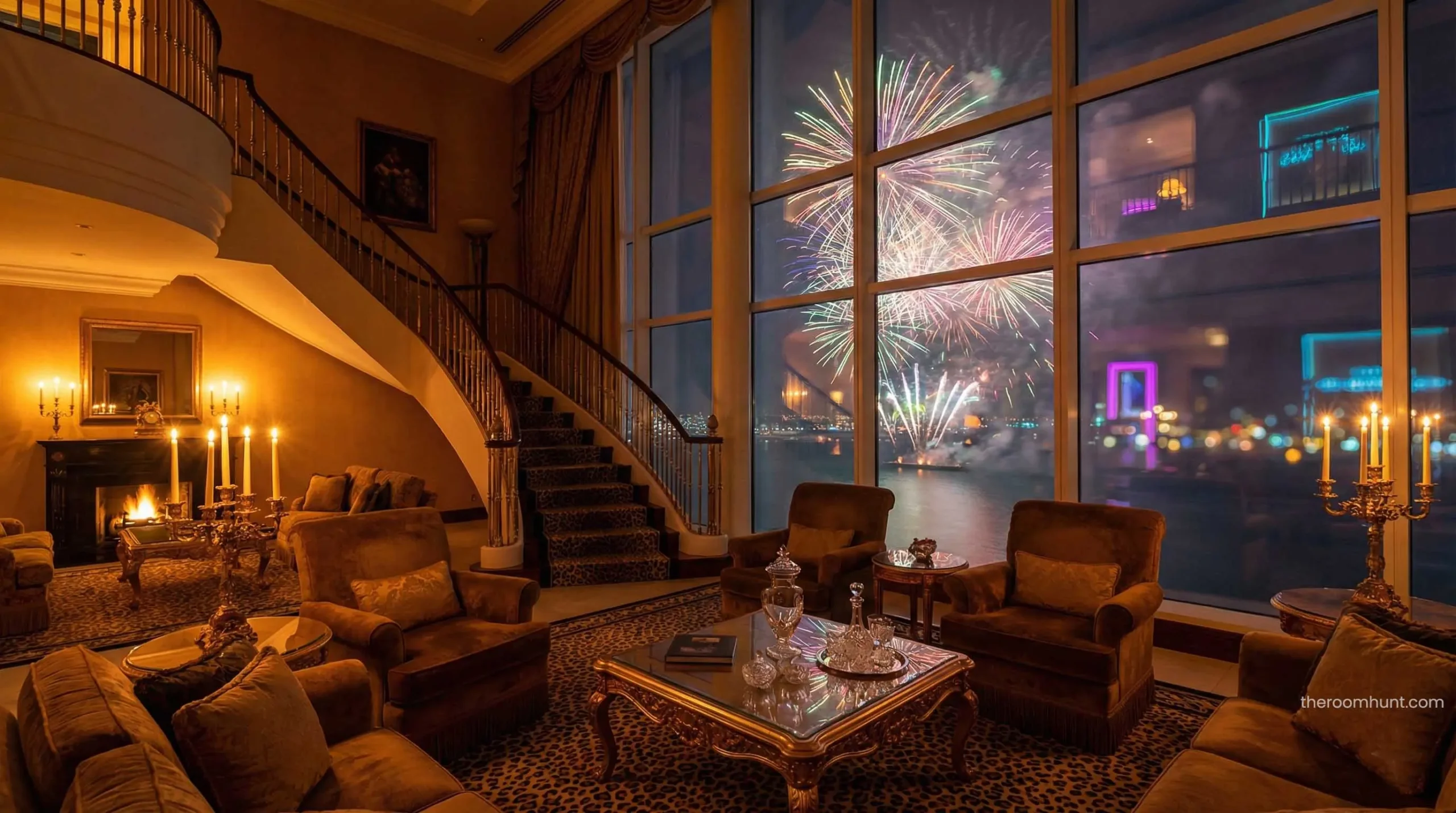 The luxurious, gold-adorned living room and grand staircase of the Royal Suite at the Burj Al Arab.