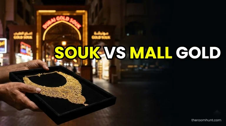 A stylish woman examining a gold necklace in the Dubai Gold Souk with a reflection of modern jewelry boutiques in the background.
