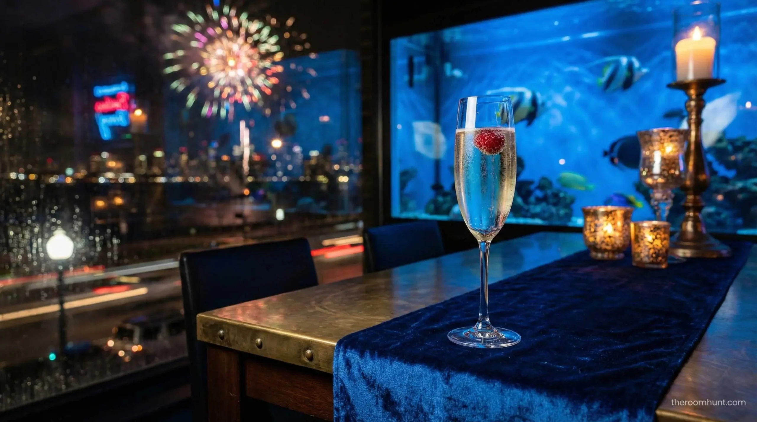 Champagne glass in the blue ambient light of the Atlantis Underwater Suite.