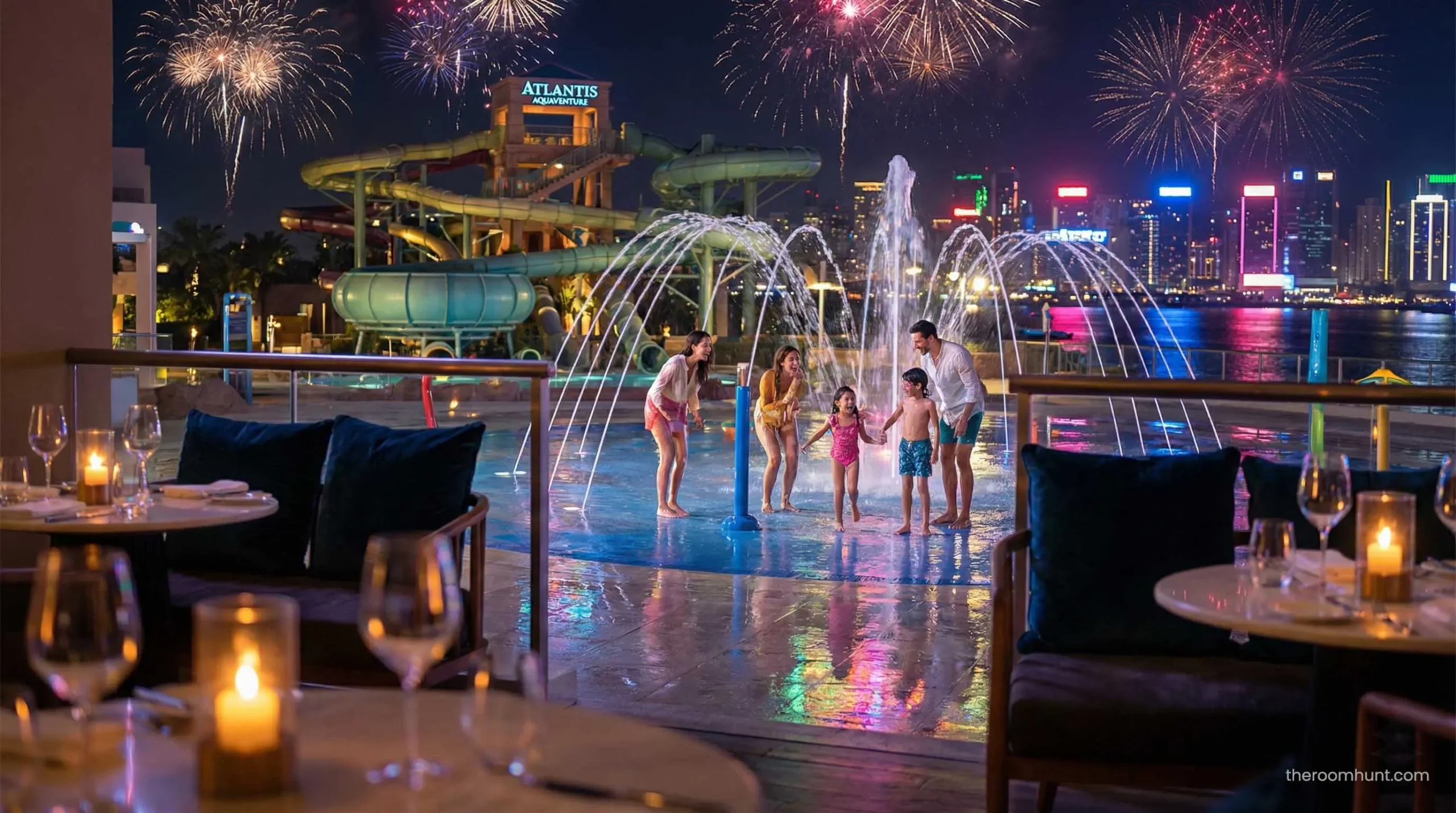 Family playing at a luxury resort waterpark in Dubai with Atlantis slides in background.