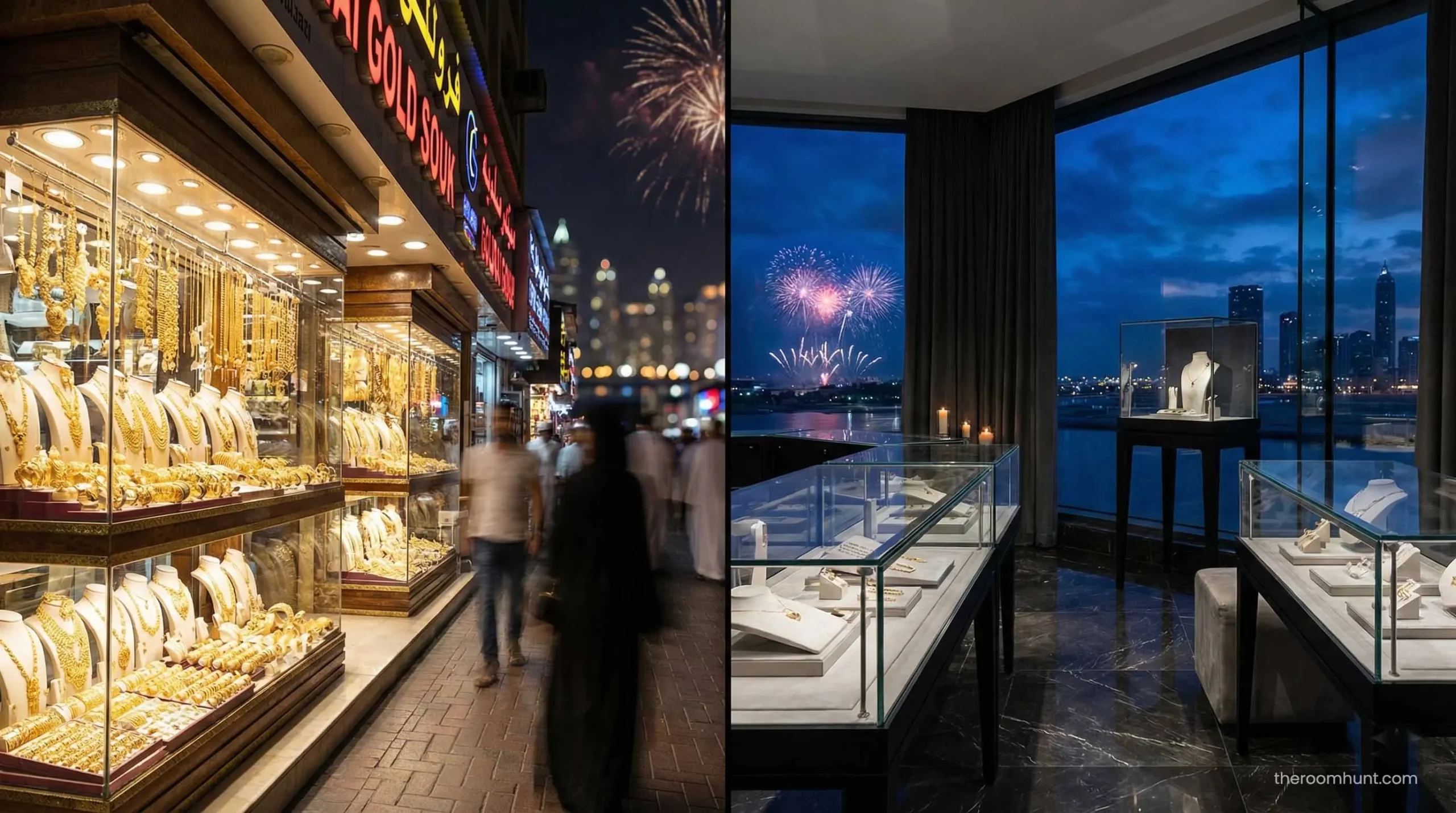 Comparison of Dubai Gold Souk traditional shops versus modern Gold & Diamond Park boutiques.