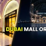 Split image showing the grand interior of Dubai Mall Fashion Avenue and the elegant Fashion Dome at Mall of the Emirates.