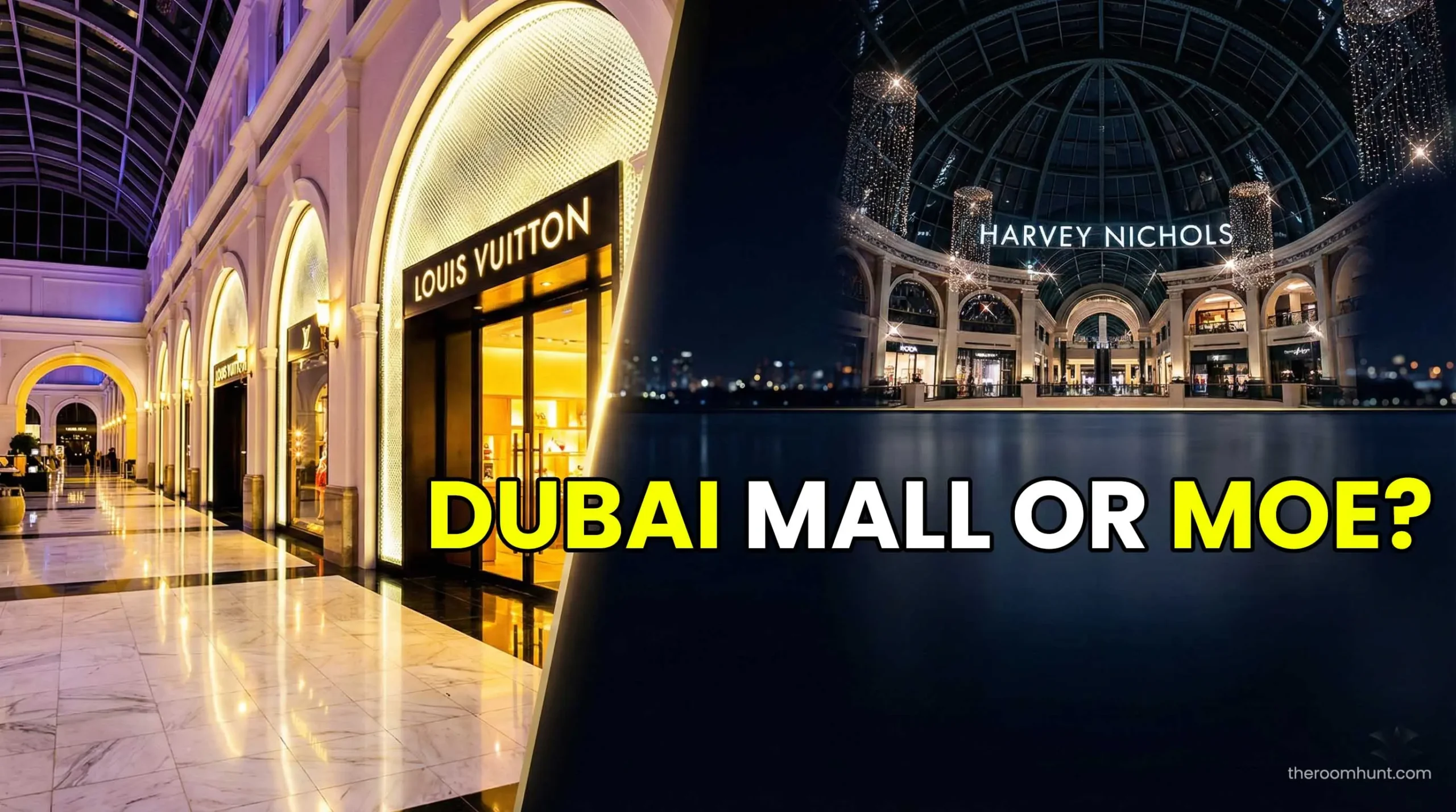 Split image showing the grand interior of Dubai Mall Fashion Avenue and the elegant Fashion Dome at Mall of the Emirates.