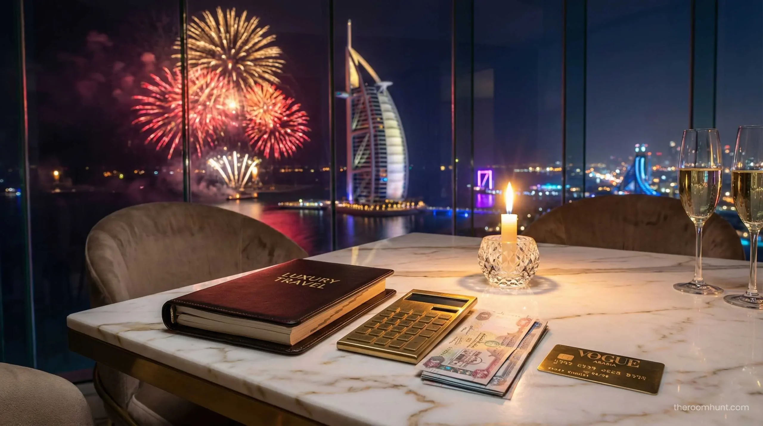 Luxury travel budget planner for Dubai trip with credit card and currency.