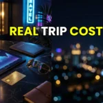 A luxury travel budget concept with a calculator, gold pen, and a view of the Dubai skyline.