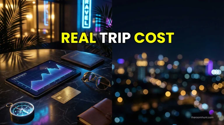 A luxury travel budget concept with a calculator, gold pen, and a view of the Dubai skyline.