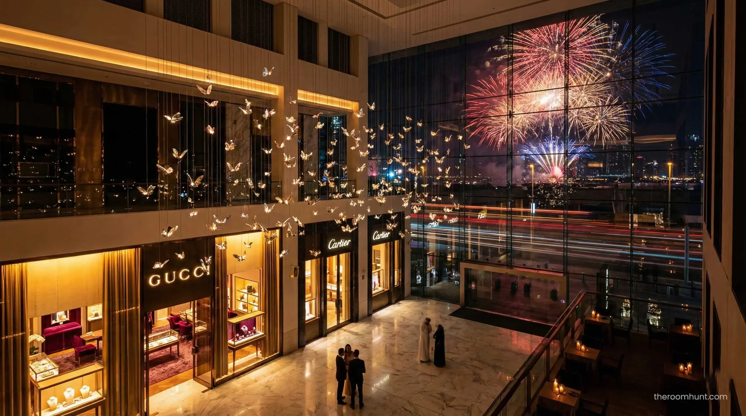 Luxury storefronts and art installation at Fashion Avenue in The Dubai Mall.