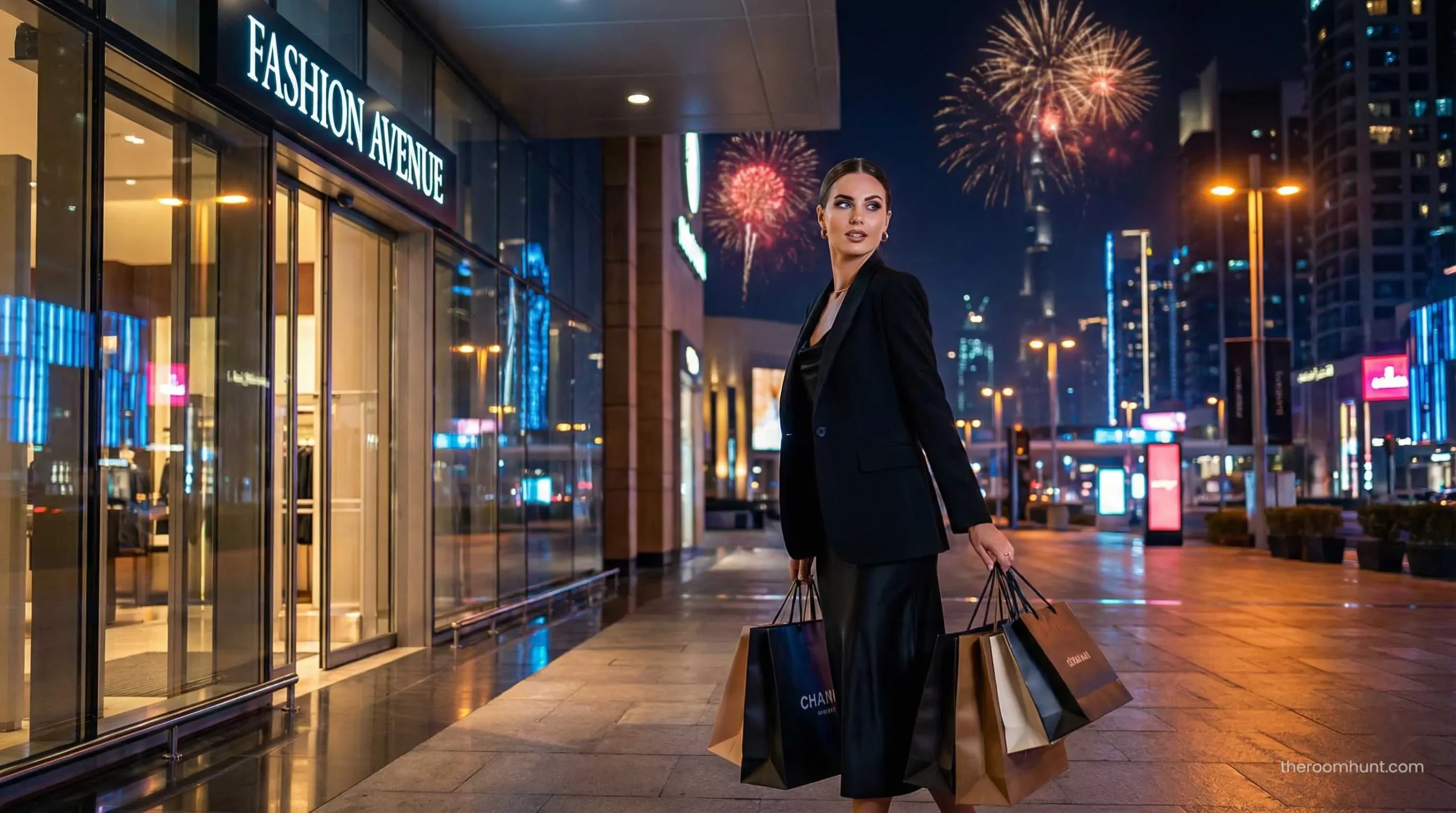 Woman holding luxury shopping bags outside the Dubai Mall, highlighting shopping expenses.