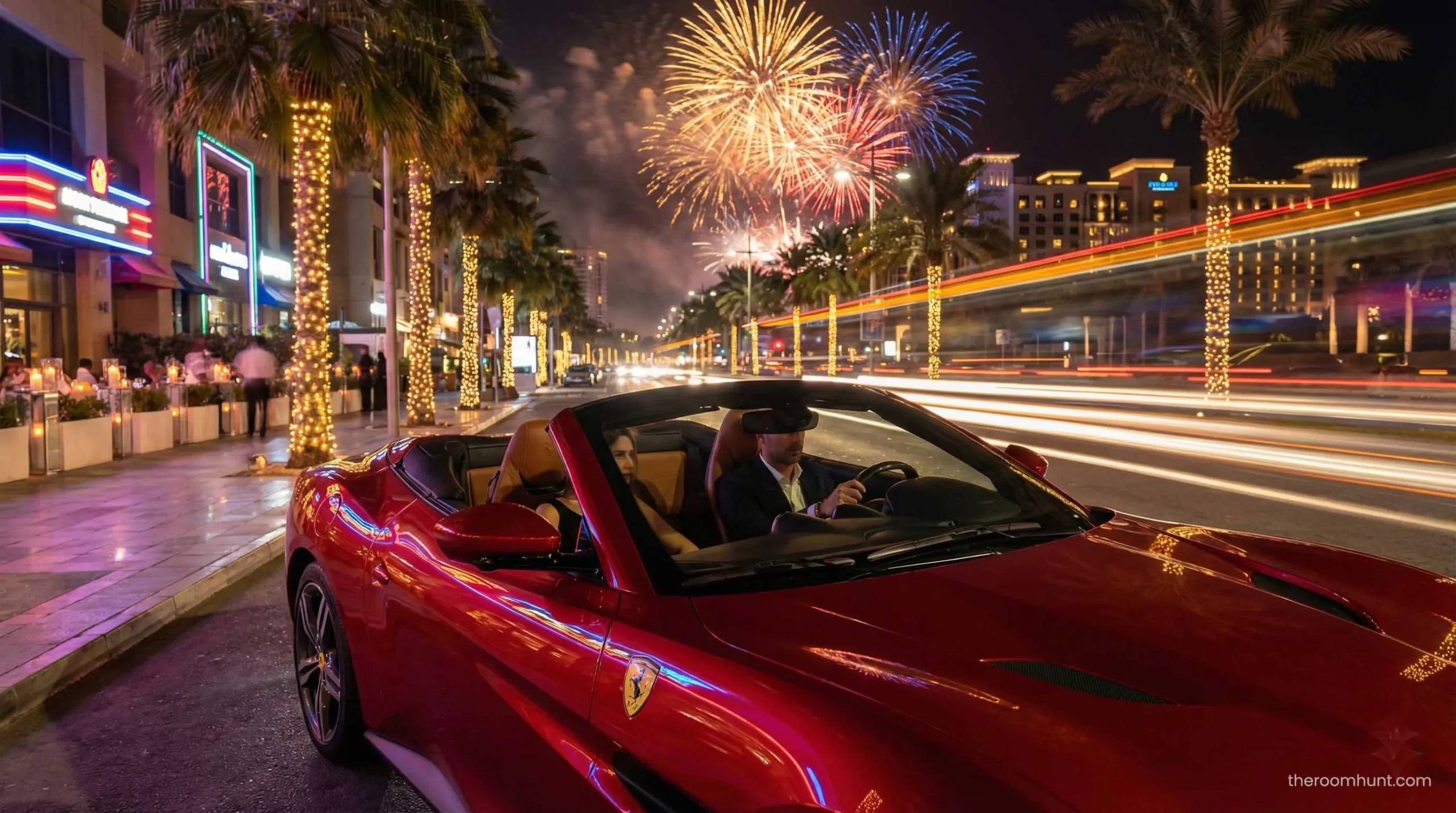 Red Ferrari convertible driving on Jumeirah Beach Road Dubai.