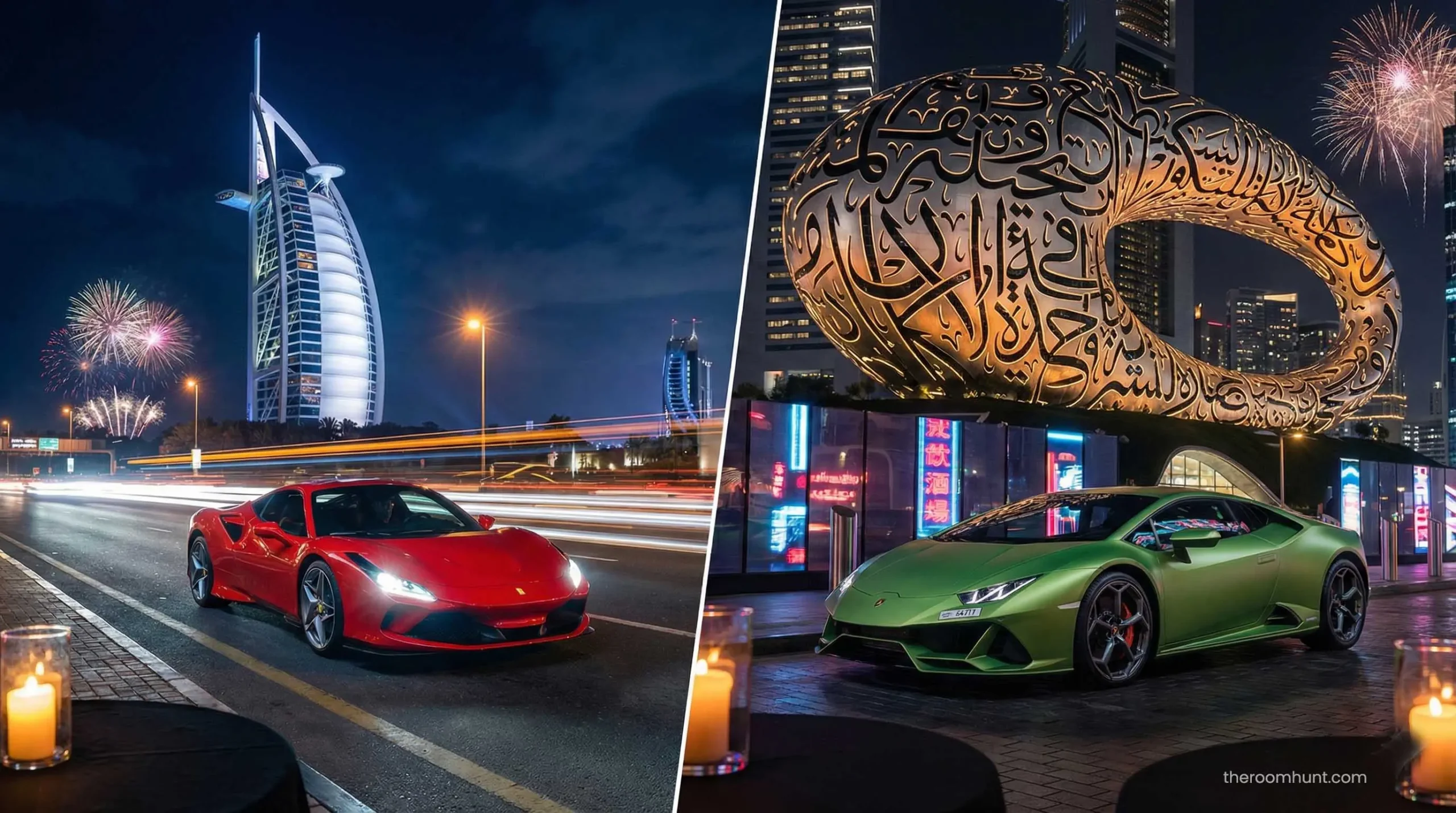 Comparison of Ferrari F8 Tributo versus Lamborghini Huracán Evo rental in Dubai.