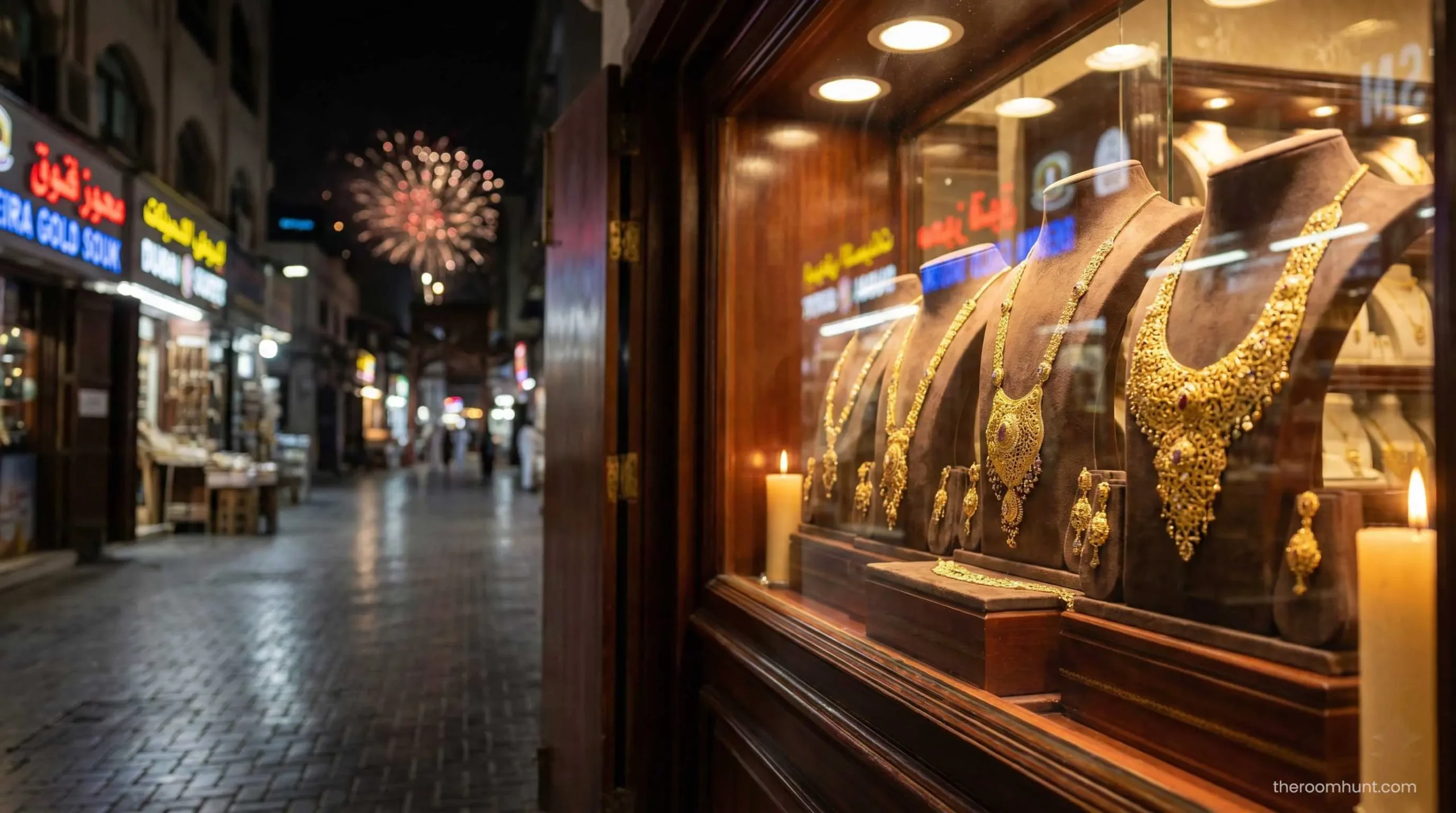 Intricate 22k gold jewelry display at Dubai Deira Gold Souk.