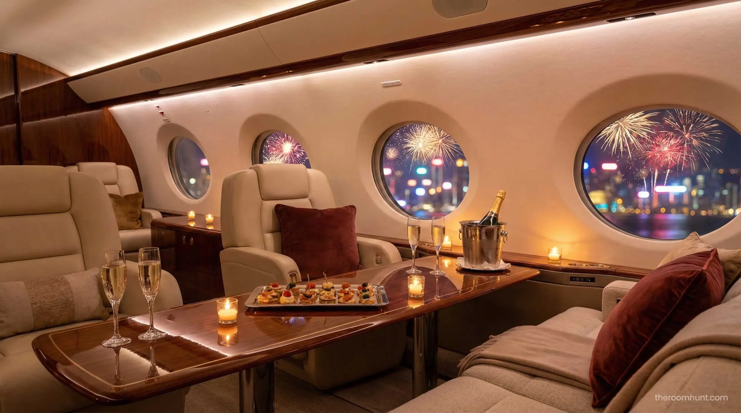 Interior of a luxury Gulfstream private jet flying to Dubai with champagne service.