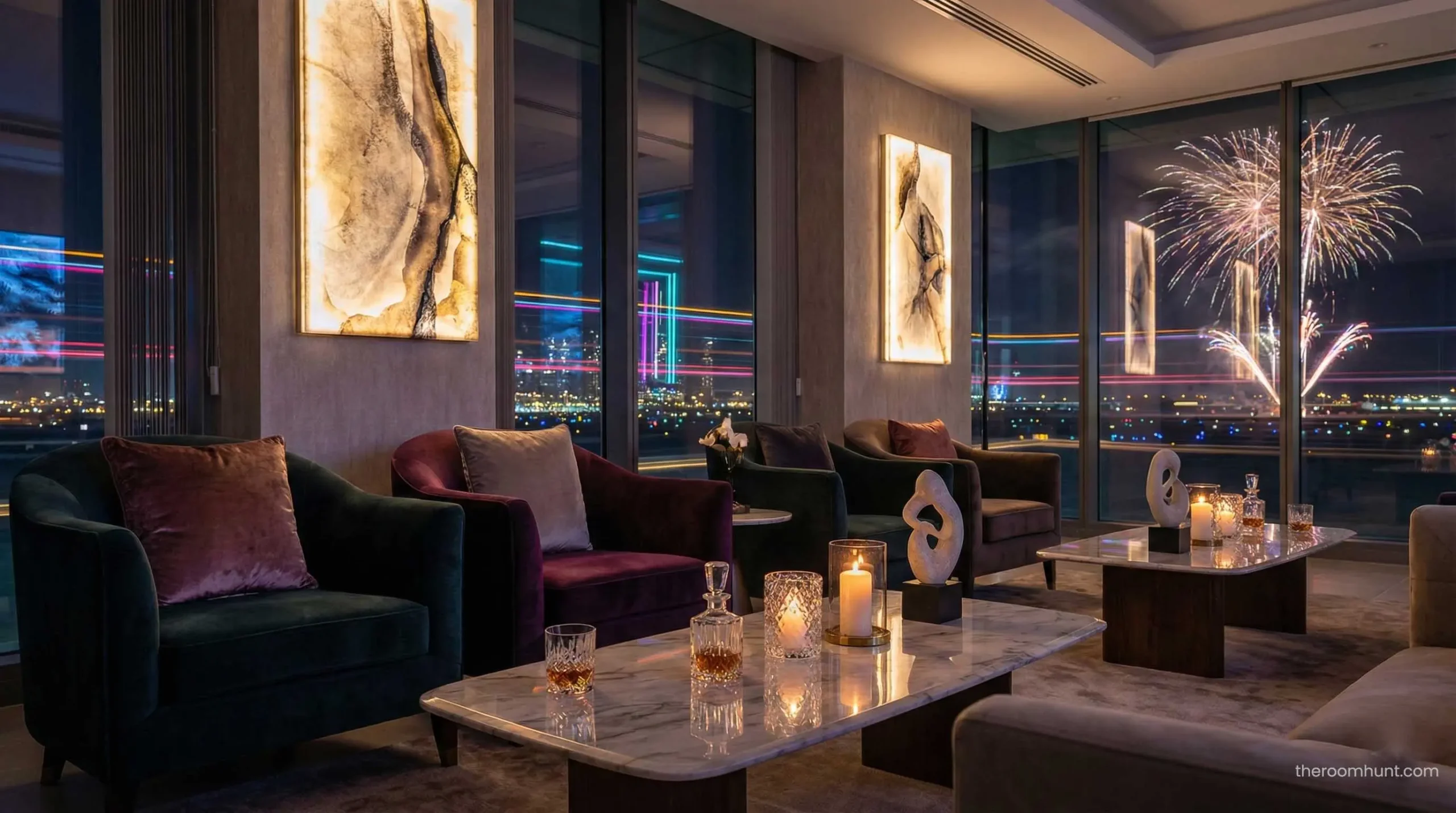 Luxury interior of the Jetex VIP Terminal lounge at Dubai South Airport.