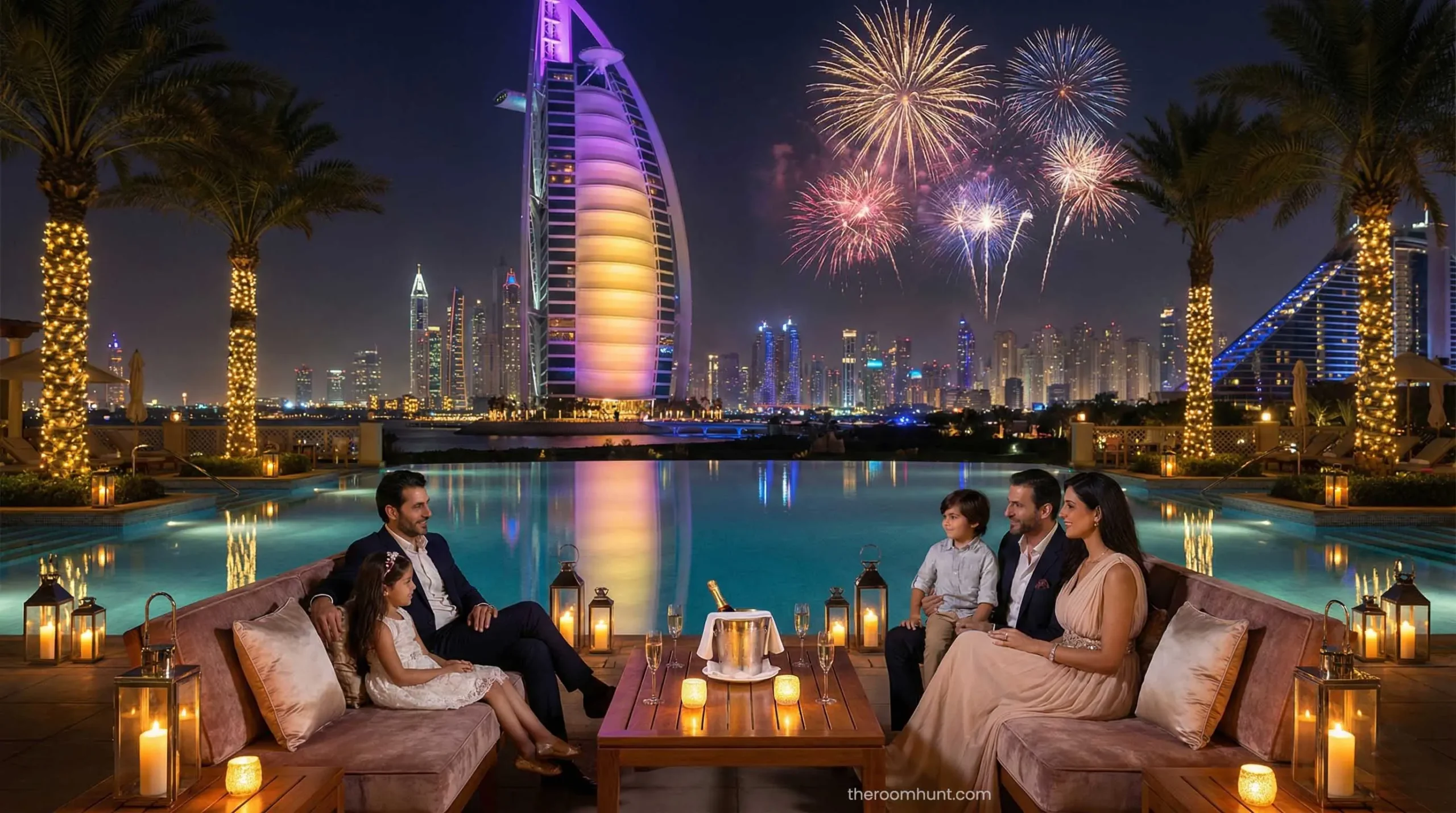 Family relaxing by the pool at Jumeirah Beach Hotel with Burj Al Arab view.