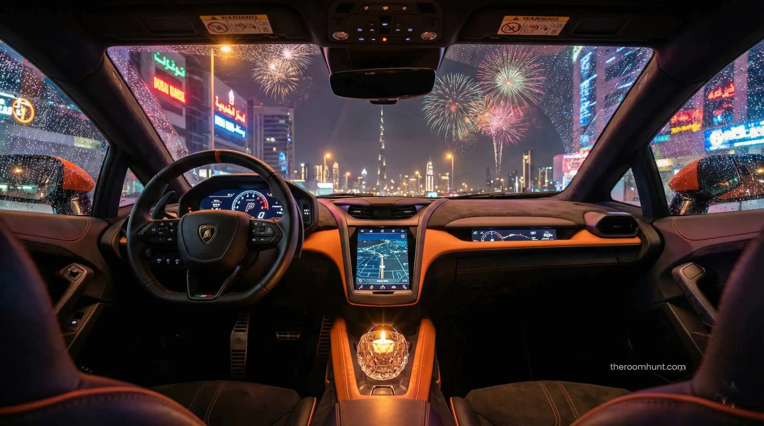 Interior cockpit view of a Lamborghini Huracán driving in Dubai at night.